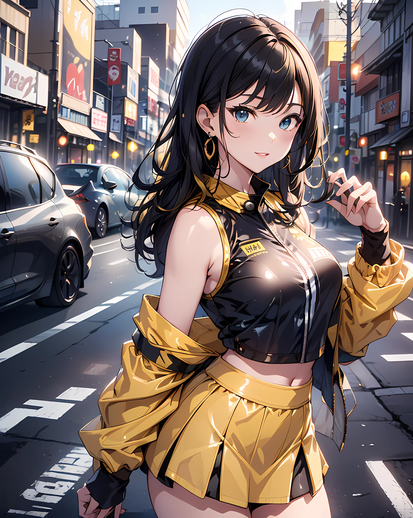 (masterpiece, best quality:1.37), highres, ultra-detailed, ultra-sharp, BREAK, Japanese school girl model, 1girl, (beautiful anime face, cute face, detailed face), (black hair, short hair, bangs), blue eyes, jewelry, earrings, piercing, BREAK, ((detailed yellow race queen costume:1.5), (detailed rubber jacket and short skirt:1.3, sleeveless)), lovely look, detailed clothes), light smile, closed mouth, parted lips, pink lipstick, BREAK, standing, arms behind on hip, leaning forward, cowboy shot, detailed human hands, HDTV:1.2, ((detailed car competition view background:1.3)), 8 life size, slender, anime style, anime style school girl, perfect anatomy, perfect proportion, inspiration from Kyoto animation and A-1 picture, late evening, excellent lighting, bright colors, clean lines, photorealistic