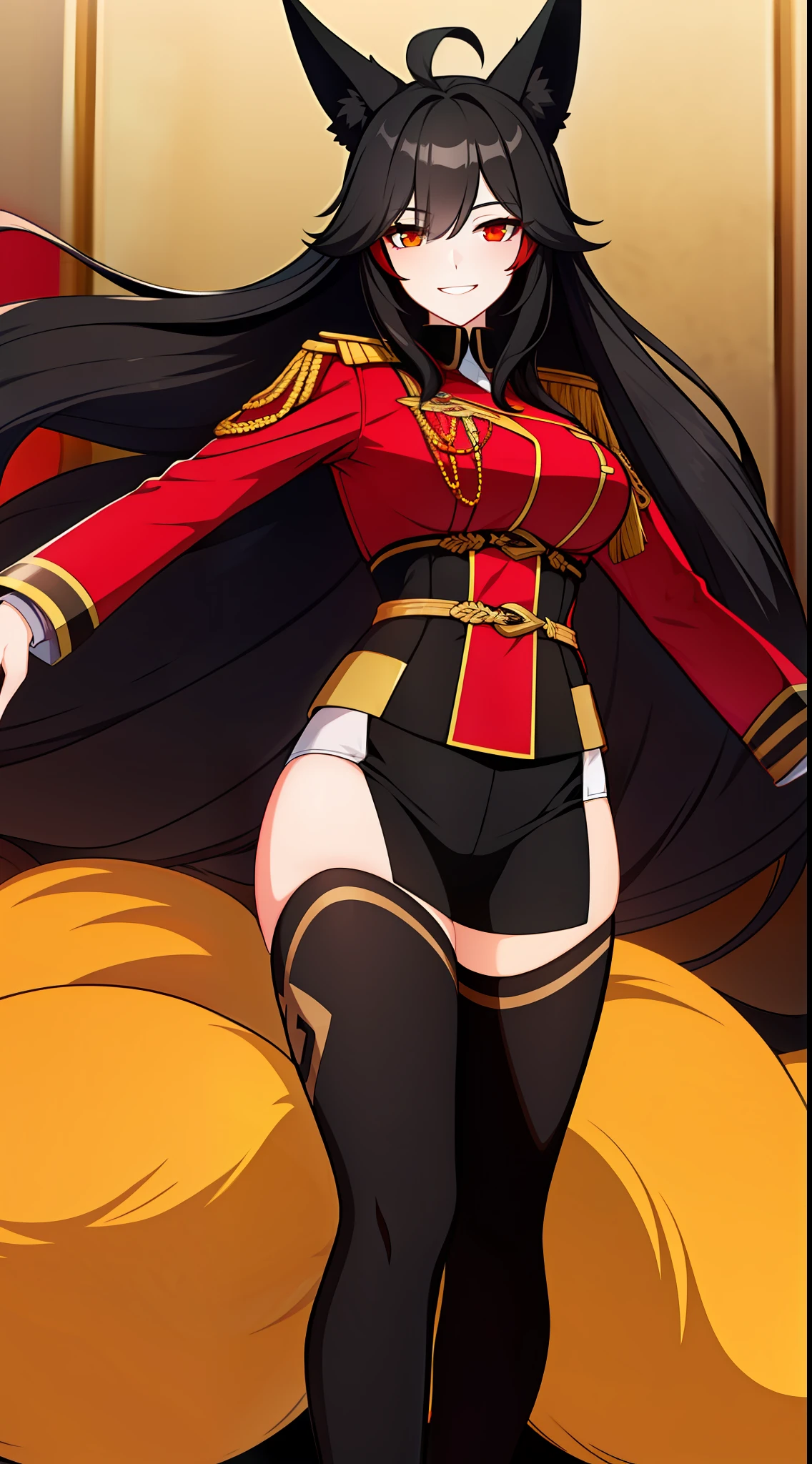 Adult woman, Long black hair, Fox ears, Yellow and red eyes, Fox tails, Combat uniform, Smile, Masterpiece, hiquality