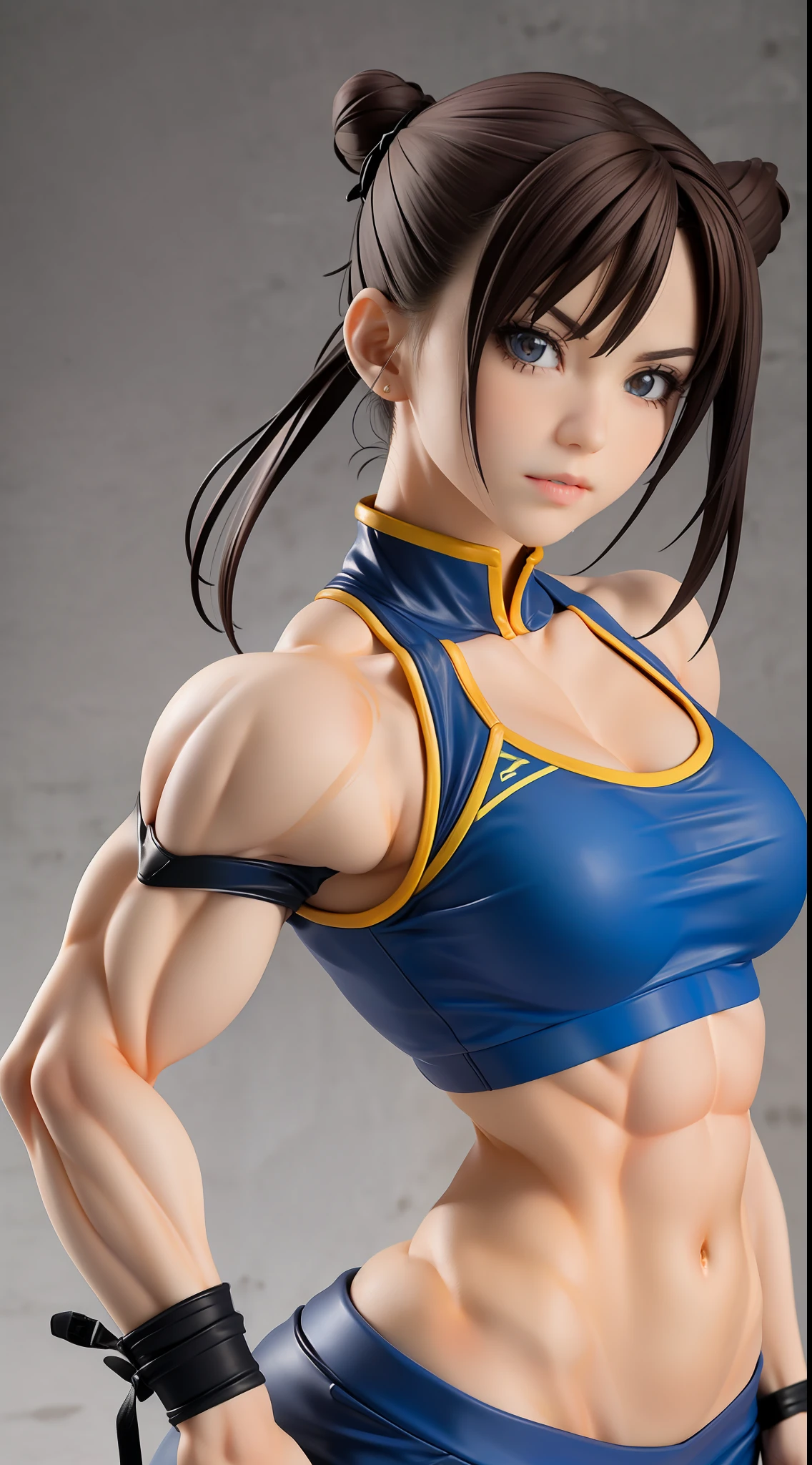 （Street Fighter Chunli），（Chun Li's classic look），（Two hair buns）Chun- li，Muscular woman posing for a photo, Crop top and（Abs）, （medium breasts1.2）（Hard），（Sexy clothing 1.2），Fitness woman,  Perfect muscle structure,  athletic body build, Sexy muscles, Body movement,Attractive body,（Rugged 135 lens，Lower photographic angle，Studio lighting