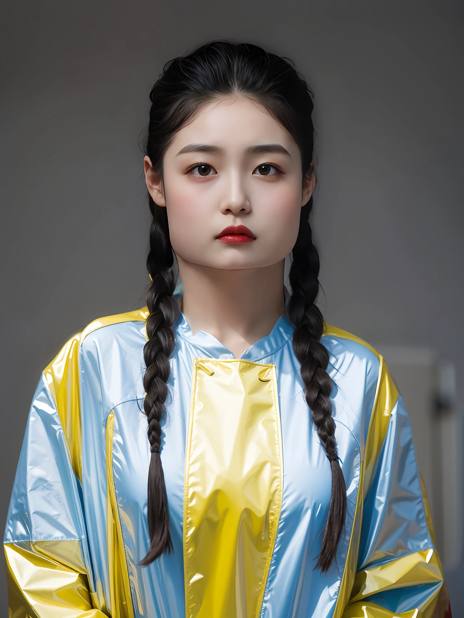 A Chinese high school girl,Wearing yellow PVC casual clothes,Twist braids