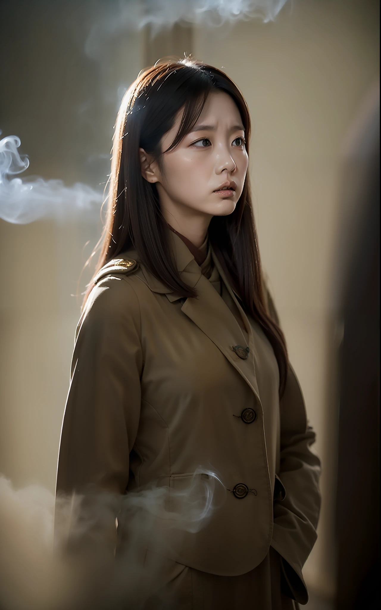 A delicate Korean woman in the smoke of the battlefield，Standing on the battlefield disappointed