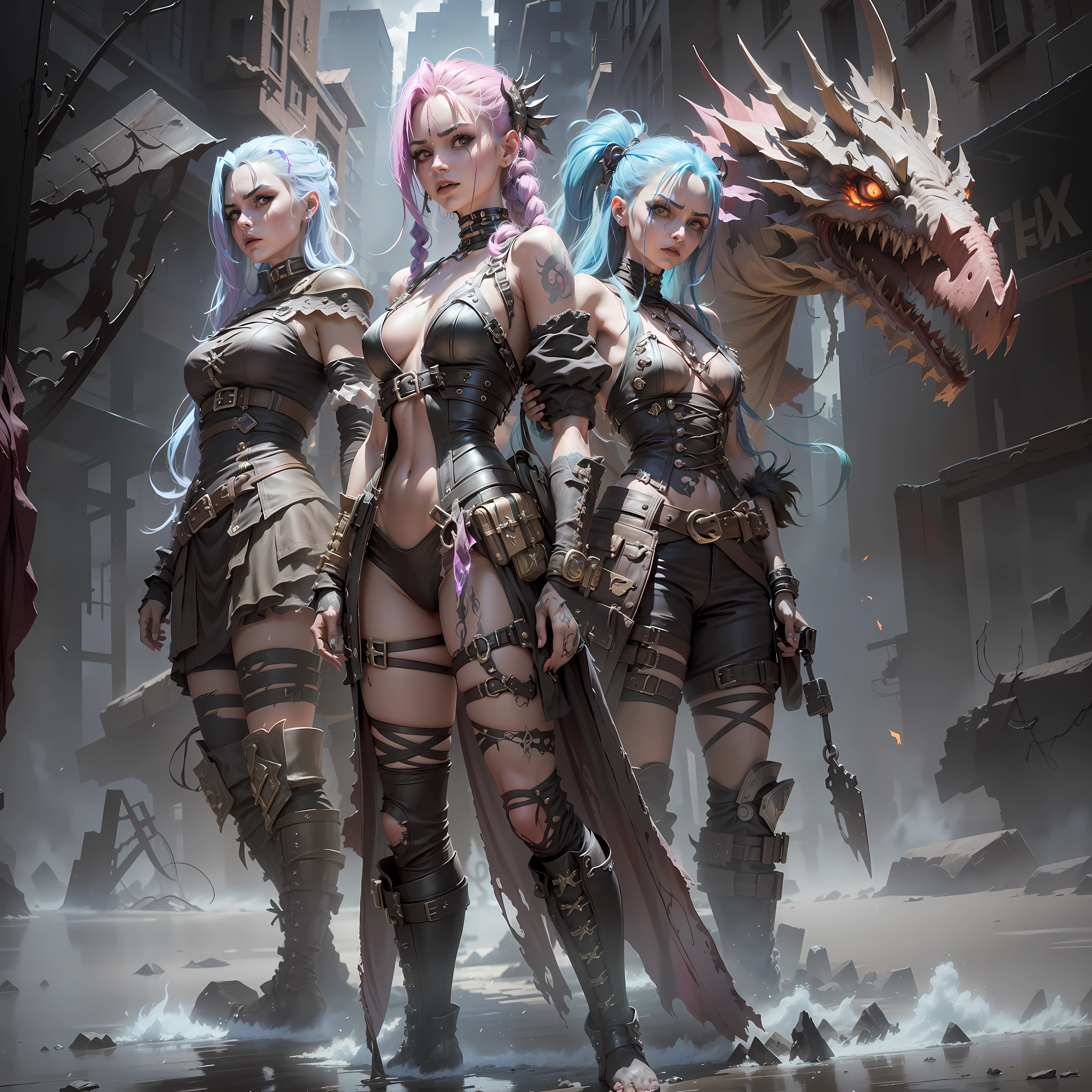 ((Best quality)), ((masterpiece)), (highly detailed:1.3), 3D, arcane style,In the dark and gritty dystopian city Piltover, plagued by violence and divided into two opposing factions, a young prodigy named Jinx emerges. Having endured unimaginable loss and abandonment, she has embraced a life of chaos and destruction. Known for her inventive and explosive abilities, Jinx becomes an icon of rebellion against the oppressive forces controlling the city. However, haunted by guilt and battling inner demons, she must confront her past and decide whether to continue down the path of anarchy or seek redemption amidst the turmoil. Explore the journey of Jinx as she navigates a treacherous world, fighting for survival, unraveling secrets, and discovering the true meaning of her twisted existencechaos reigns supreme, and at the heart of it all is Jinx, the embodiment of unpredictability. Delve deep into the twisted mind of Jinx, exploring the origins of her madness and the driving force behind her destructive nature. Unveil the moments that shaped her into the deranged and iconic character we know. Take us on a wild journey through the vibrant streets of Piltover and the grim underbelly of Zaun as Jinx wreaks havoc with her explosive arsenal. Can redemption ever find its way into Jinx's fractured soul? Or will she forever dance on the edge of sanity, embracing the chaos that fuels her very existence? The fate of Arcane hangs in the balance as Jinx's path intertwines with unlikely allies and formidable foes. Ignite your imagination and paint a vivid portrait of Jinx's twisted psyche, capturing the essence of her madness and the untamed spirit that defines her,HDR (High Dynamic Range),Ray Tracing,NVIDIA RTX,Super-Resolution,Unreal 5,Subsurface scattering,PBR Texturing,Post-processing,Anisotropic Filtering,Depth-of-field,Maximum clarity and sharpness,Multi-layered textures,Albedo and Specular maps,Surface shading,Accurate simulation of light-material interaction,Perfect proportion