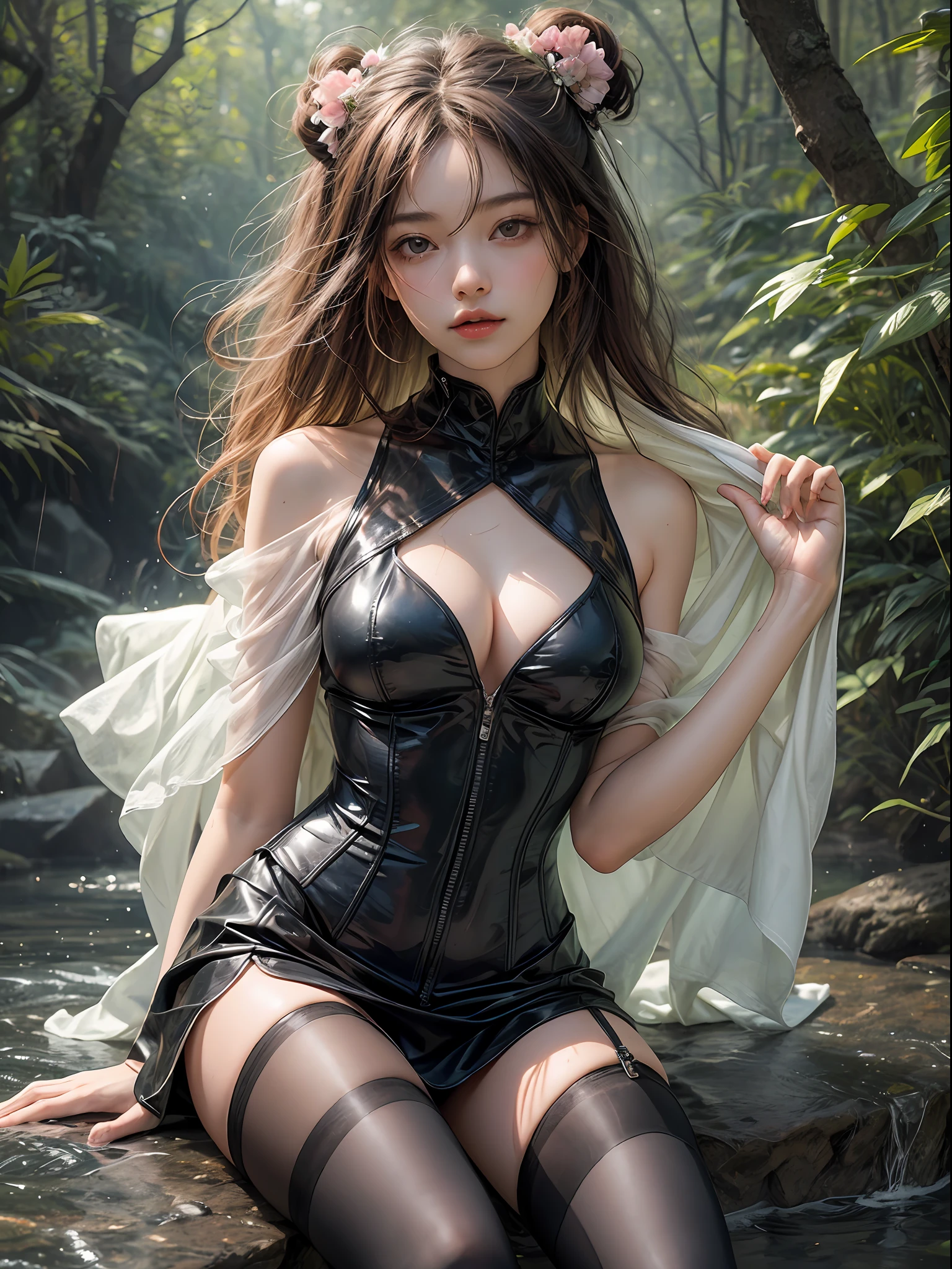 Holding a large see-through stole with pale pink floral pattern with both hands、Swaying in the wind。dark color、shackle、Halter Neck Bodysuit、Rubber Suit Corset、garterbelts、Upper eye、light-colored skin and loose navel skin,,,,,,,,,,,。Skirt flutters in the wind and spreads。Dynamic Posing。Dancing Poses。
Loose clothing shows shoulders。Very beautiful girl at 19 years old。
Hair swaying in the wind。 masutepiece、Best Photoreal、portlate、Sheer clothing、wetted skin、Wet hair、Sexy look、Functional、Bewitching、Clothes with an open back、Oblique composition、Waterfall in the forest、Big hair ornament、Medium chest、Navel Ejection、Shiny knee-high socks、Bold open chest clothes、Sit on the rocks、Cross your legs、hair adornments、