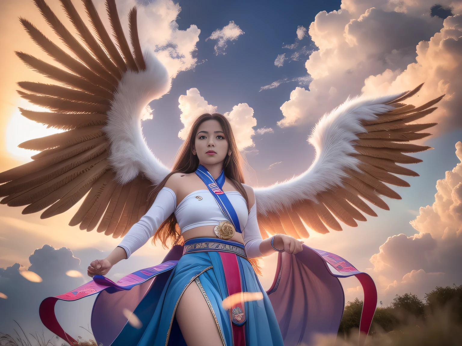 tmasterpiece，extremely detailed CG unified 8k wallpaper，8k ultra high definition，digital SLR camera，high qulity，Ren，dramatic scene，cinmatic lighting，超高分辨率，hyper-high detail，k hd，Wings，Clouds，Skysky，suns，rays of sunshine，afloat，Valkyries fly in the sky