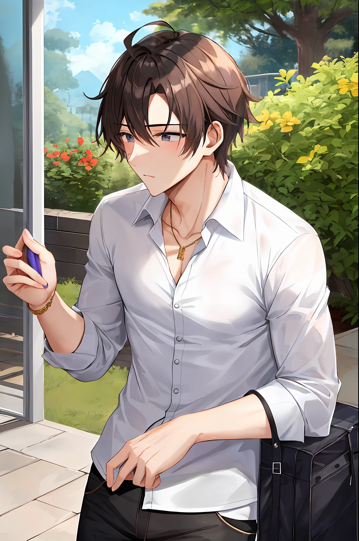 A laid-back handsome boy in a white shirt,Smelling a flower,golden hair,Youthful