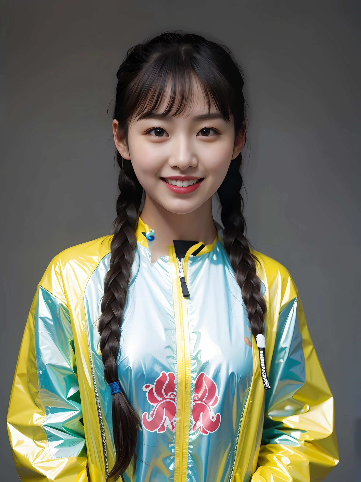 A Chinese high school girl,Wearing yellow PVC casual clothes,Twist braids