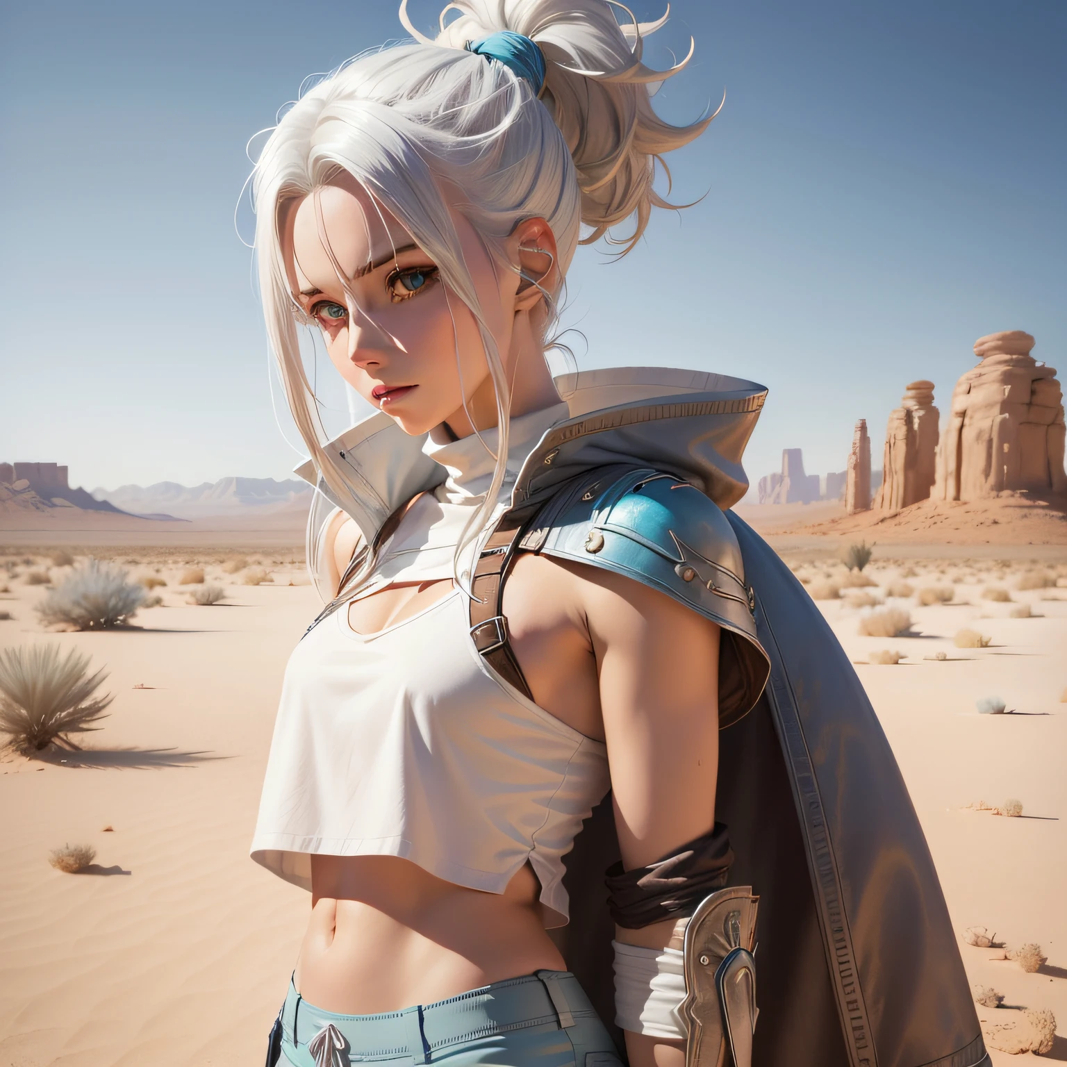 Silver-haired woman poses in desert wearing white top and blue shorts, Tifa Lockhart with white hair, in a desert, Perfect white haired girl, in a desert,Cyan pupils,Taupe cape