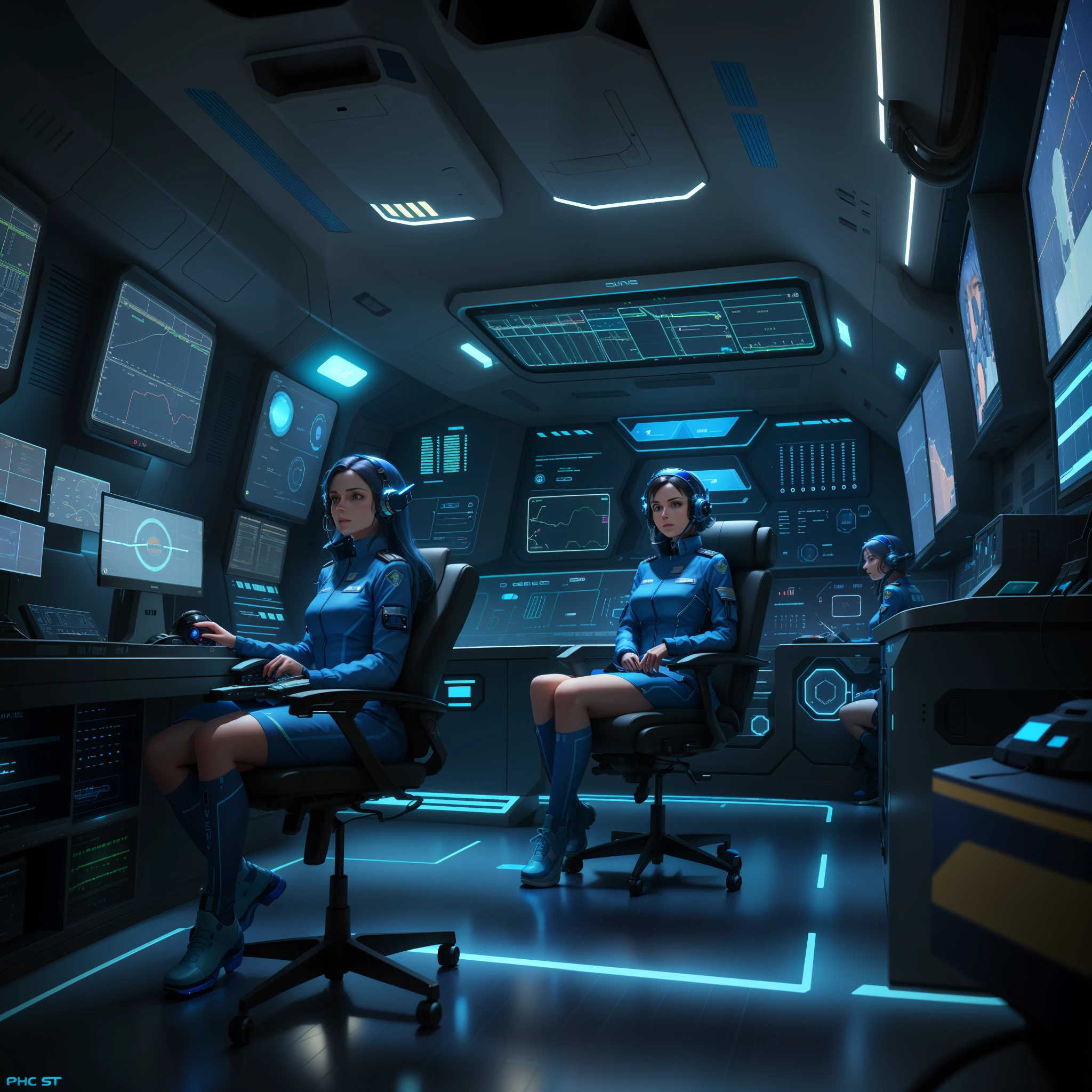two women in blue uniforms sit in a control room with monitors, in a futuristic spaceship, in a spaceship cockpit, blueshift render, future science fiction. game cg, detailed spaceship interior, in a spaceship, high tech space ship interior, spaceship interior, futuristic space ship interrior, sci - fi interior, cgsociety 8k, cgsociety 8k