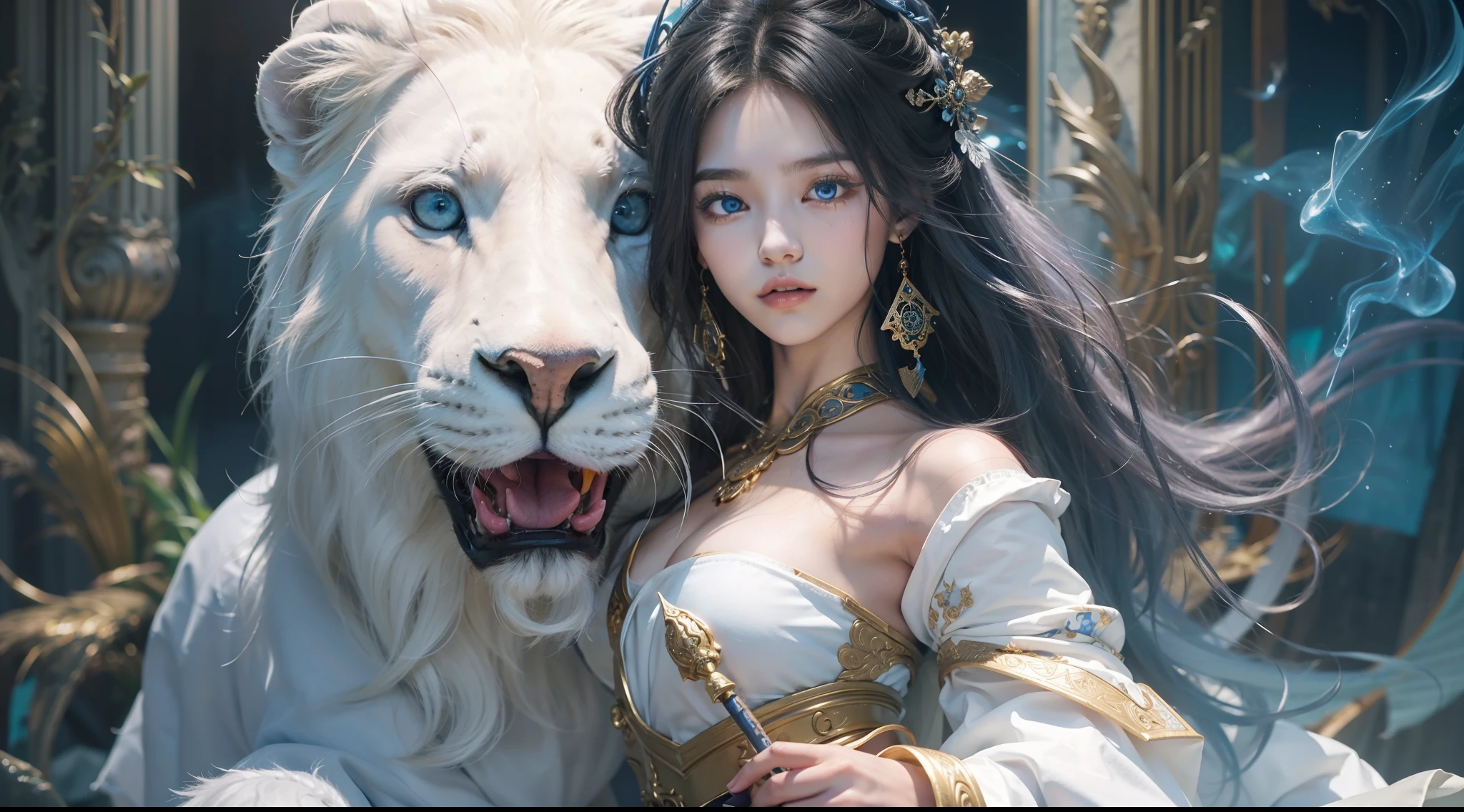 Magic Book,Blood,Night, Dark, (Fantasy),infinite,deep blue sky,The abyss of knowledge,Cowledge,((masutepiece)), (((Best Quality))),((Beautiful fine eyes)),(Eye lashes)、Very beautiful face、Beautiful girl riding a giant white lion、(女の子1人)、Black hair、The long-haired、abyss eyes、glowy skin、oils、small tits、Perfect human body structure、Wizard robes、tattered cloth、Realistic coat、Teenchi、Super delicate CG Unity 32k wallpaper、masterpiece, ((ultra-detailliert)), ((illustratio)),colourfull,wall-paper,The energy,Unknown terror,Incomprehensible,Around the magic,Magical surroundings,magic wands,Boken,Flying pages,Know everything,Predict the future、Get to know the past、Infinite wisdom、blue flames、Warlock、magic circles、Pentagram、Spells、mantra、Singing magic
