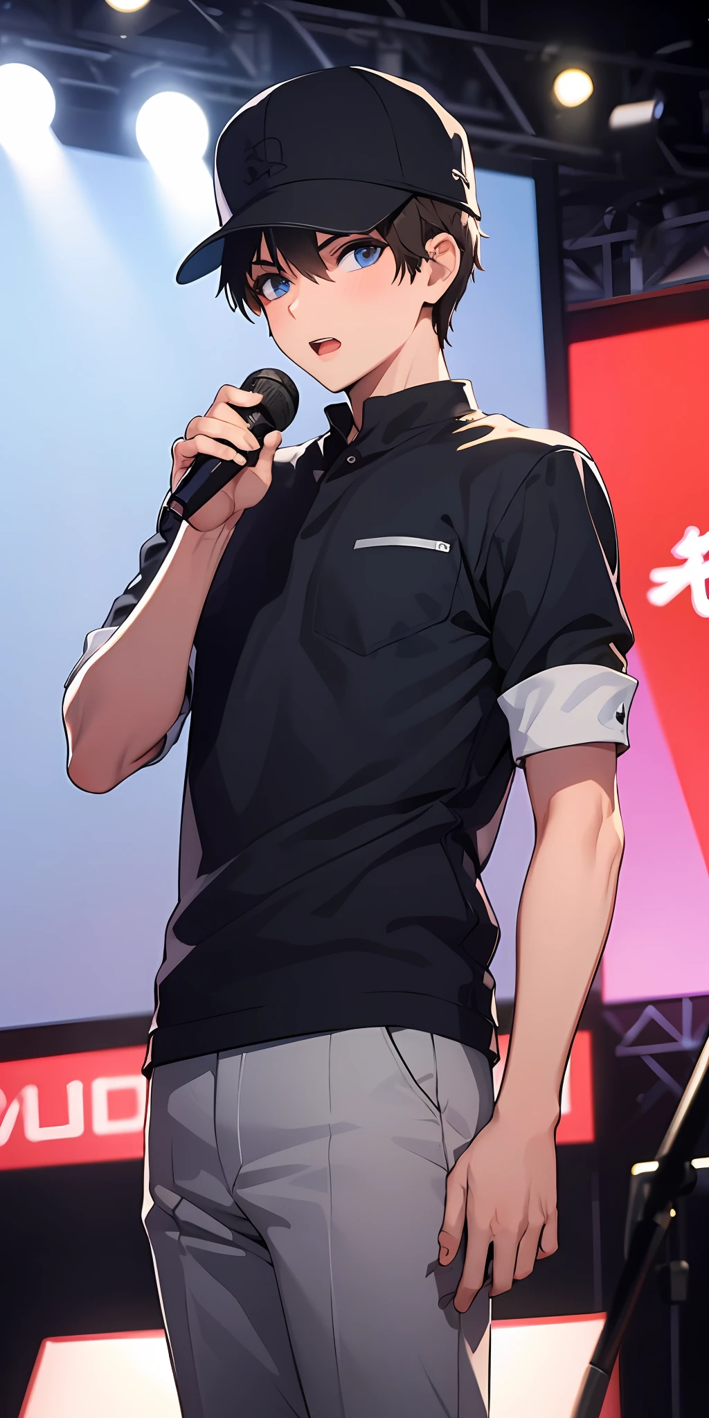 A boy with,Wear handsome and loose clothes,Wearing a cap,holding microphone in hand