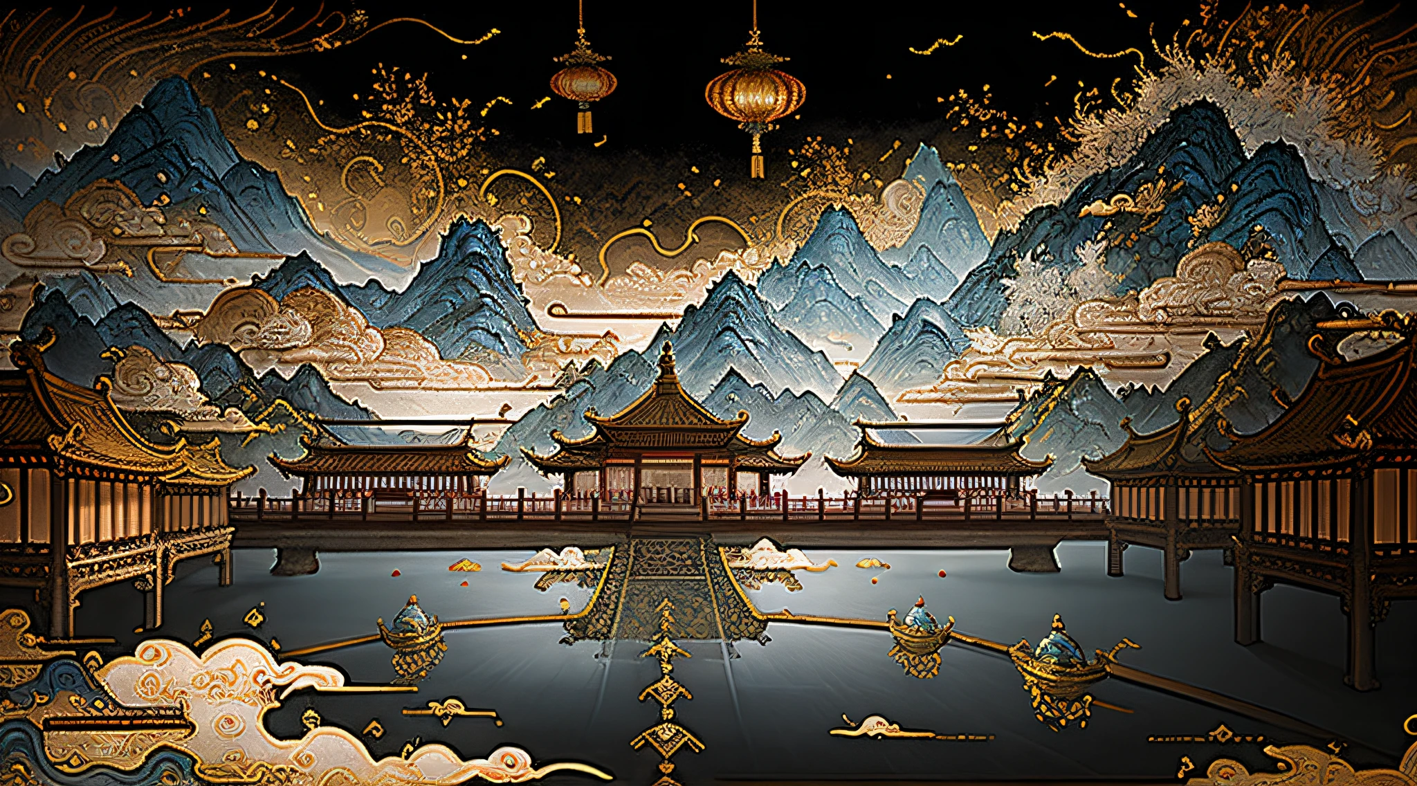 Aalfid landscape with Chinese-style scenes of mountains and pagodas, Chinese fantasy, Cloud Palace, cyberpunk chinese ancient castle, Oriental fantasy, Temple background, detailed fantasy digital art, landscape artwork, scenery art detailed, Beautiful rendering of the Tang Dynasty, 4k highly detailed digital art, detailed digital illustration, Detailed digital 2D fantasy art, light kingdom backdrop