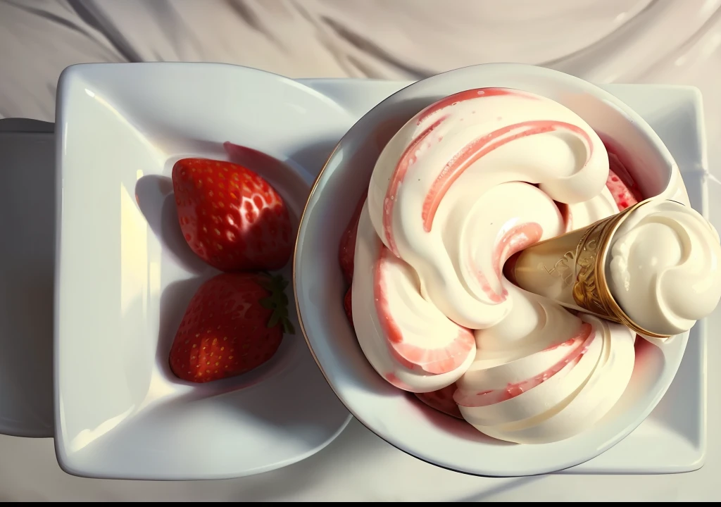 bowl of strawberry's and cream (masterpiece:1.2) (photorealistic:1.2) (best quality) (detailed skin:1.3) (intricate details) (8k) (HDR) (cinematic lighting) (sharp focus)