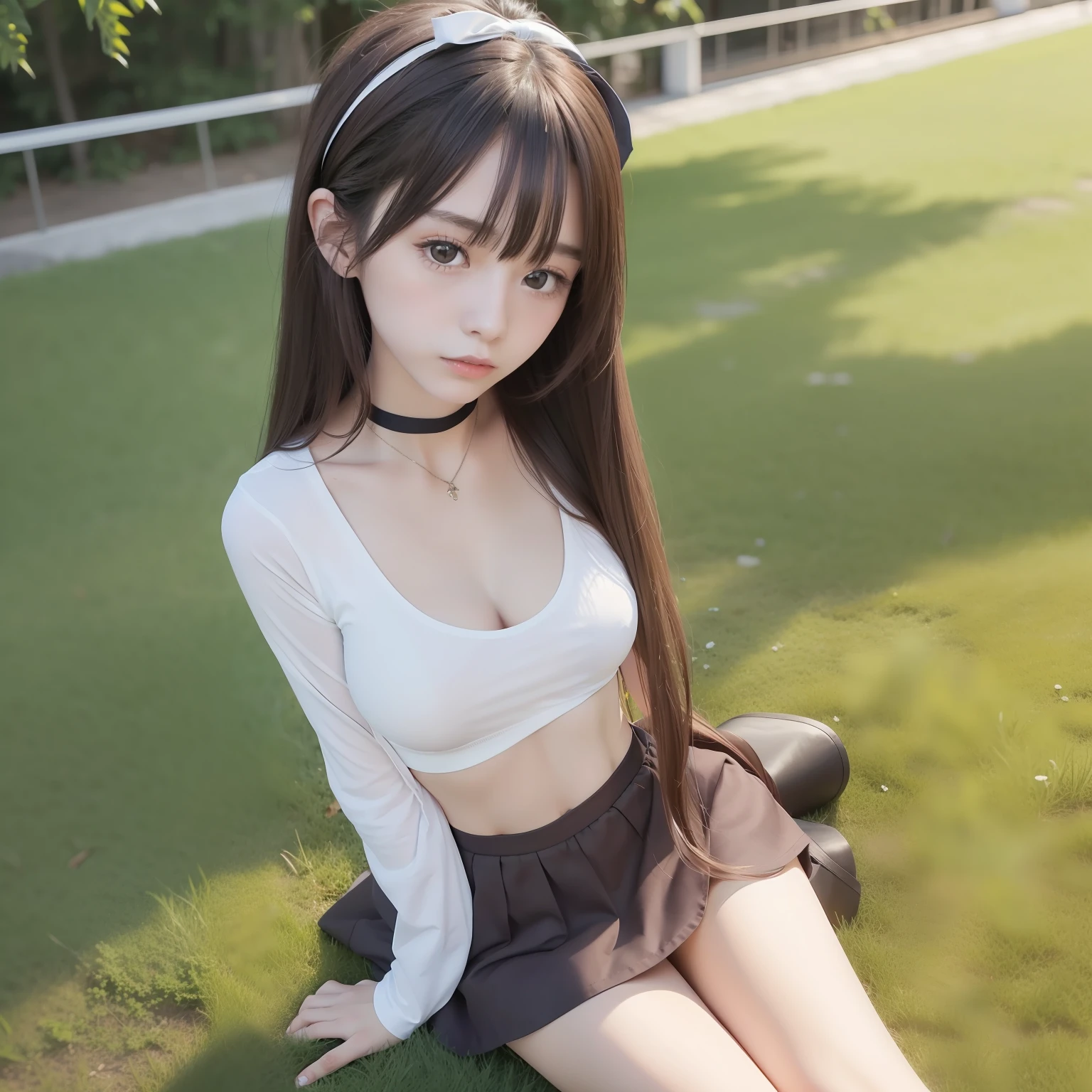 Real Human,Long hair and waist,brown hair,with small nose,Small round face,With a petite figure,being thin,Very thin,The eyes have aura,Ultra-detailed face,best qualtiy,Lori huge breasts cleavage,tight tshirt,Skirt that wraps hips,Normal bust circumference,white stockings,high-heels,age 22,With a bow on the head,outside,Sit Pose,Full body like