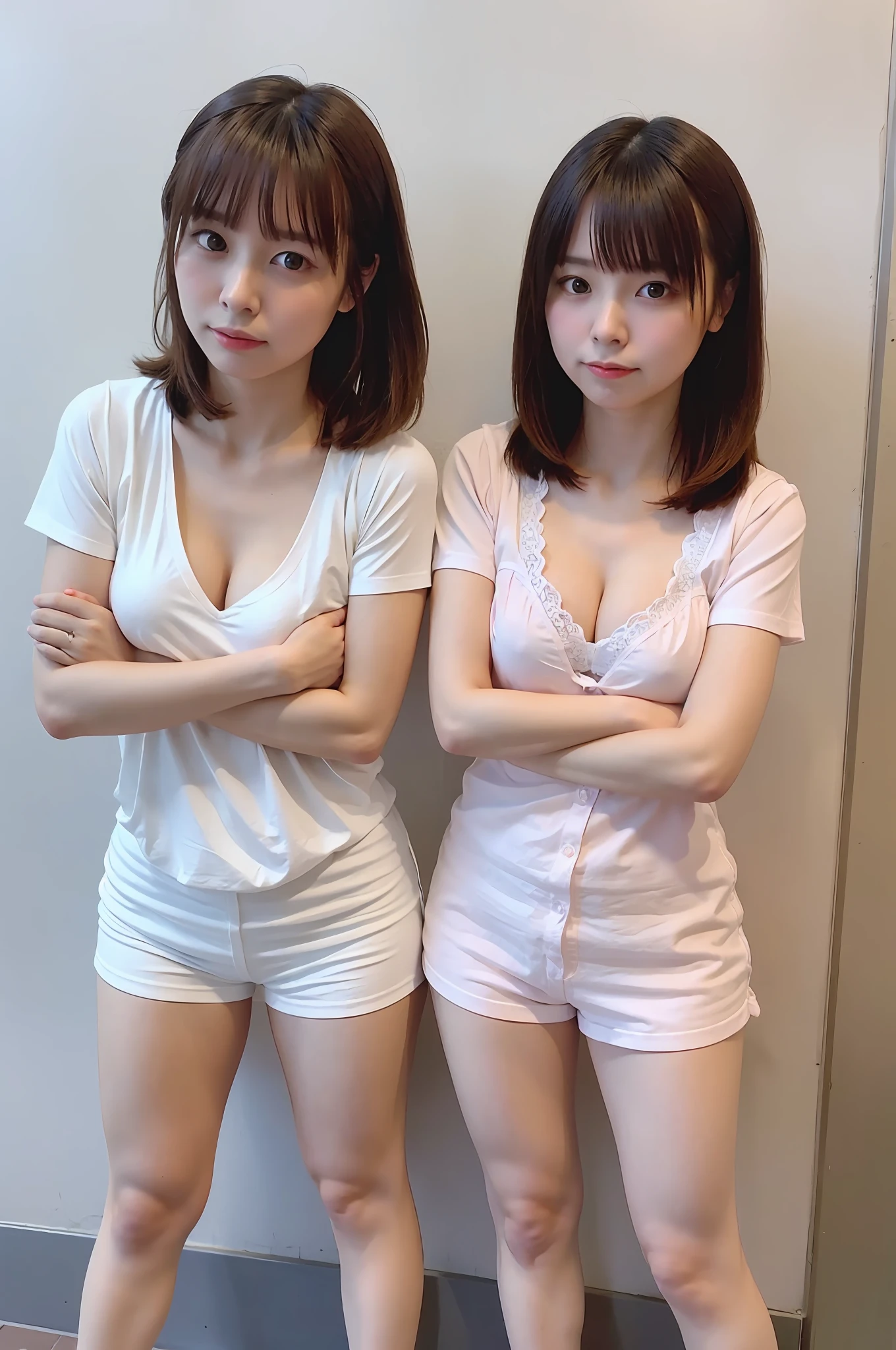 ​masterpiece,high-level image quality,hightquality,A Japanese Lady,small and thin face,Perfect body,A detailed eye,Photorealsitic,short-cut,kawaii,(cleavage of the breast:1.3)、tshirts