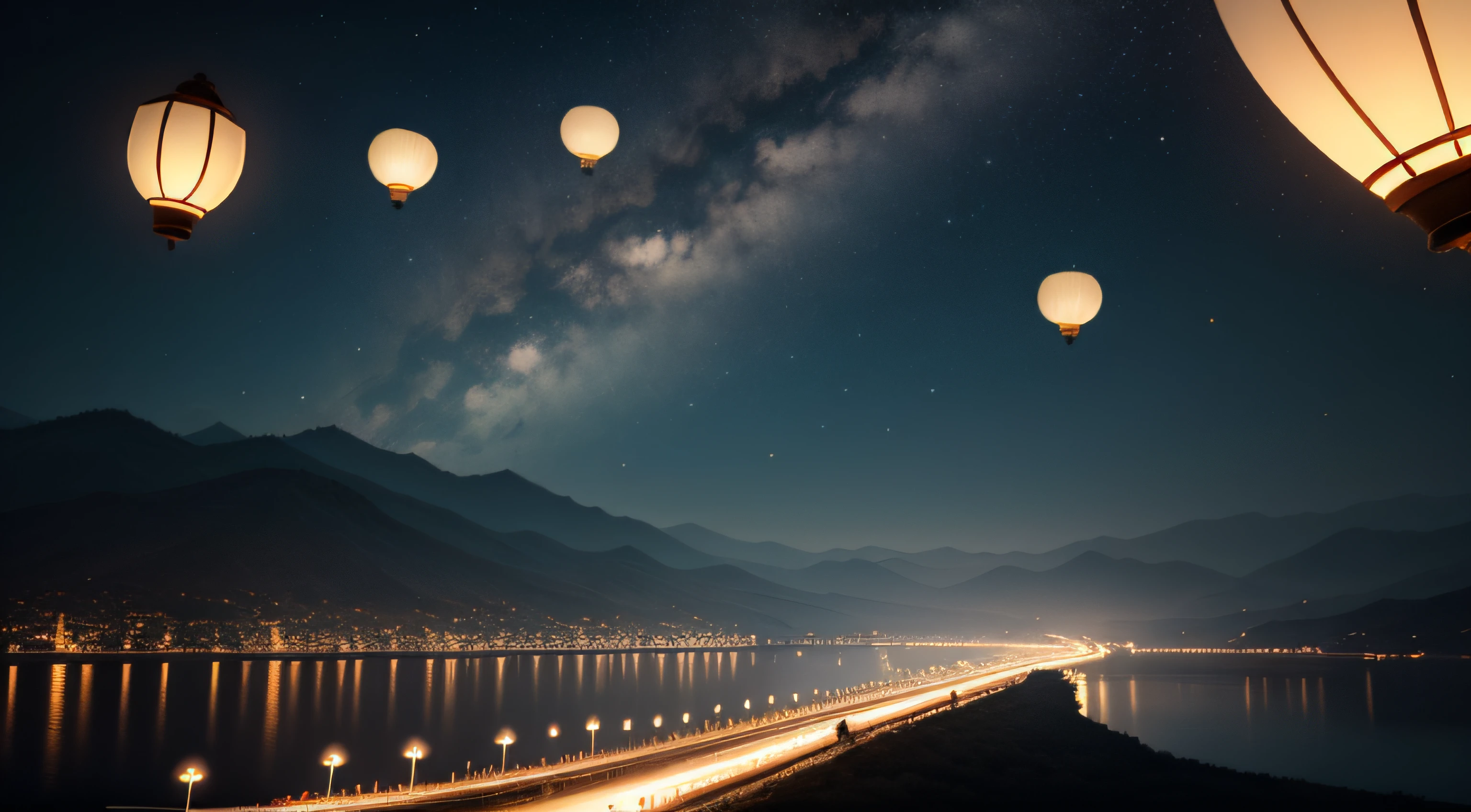 Light is a lamp。Such as tens of millions of fish swimming across the river and sea，Countless lanterns slowly rose from the top of the mountain。 . They sparkle in the darkness of the night，Shine brightly。Like a floating soul，The most magnificent dream，Magnificent，Light up his path。