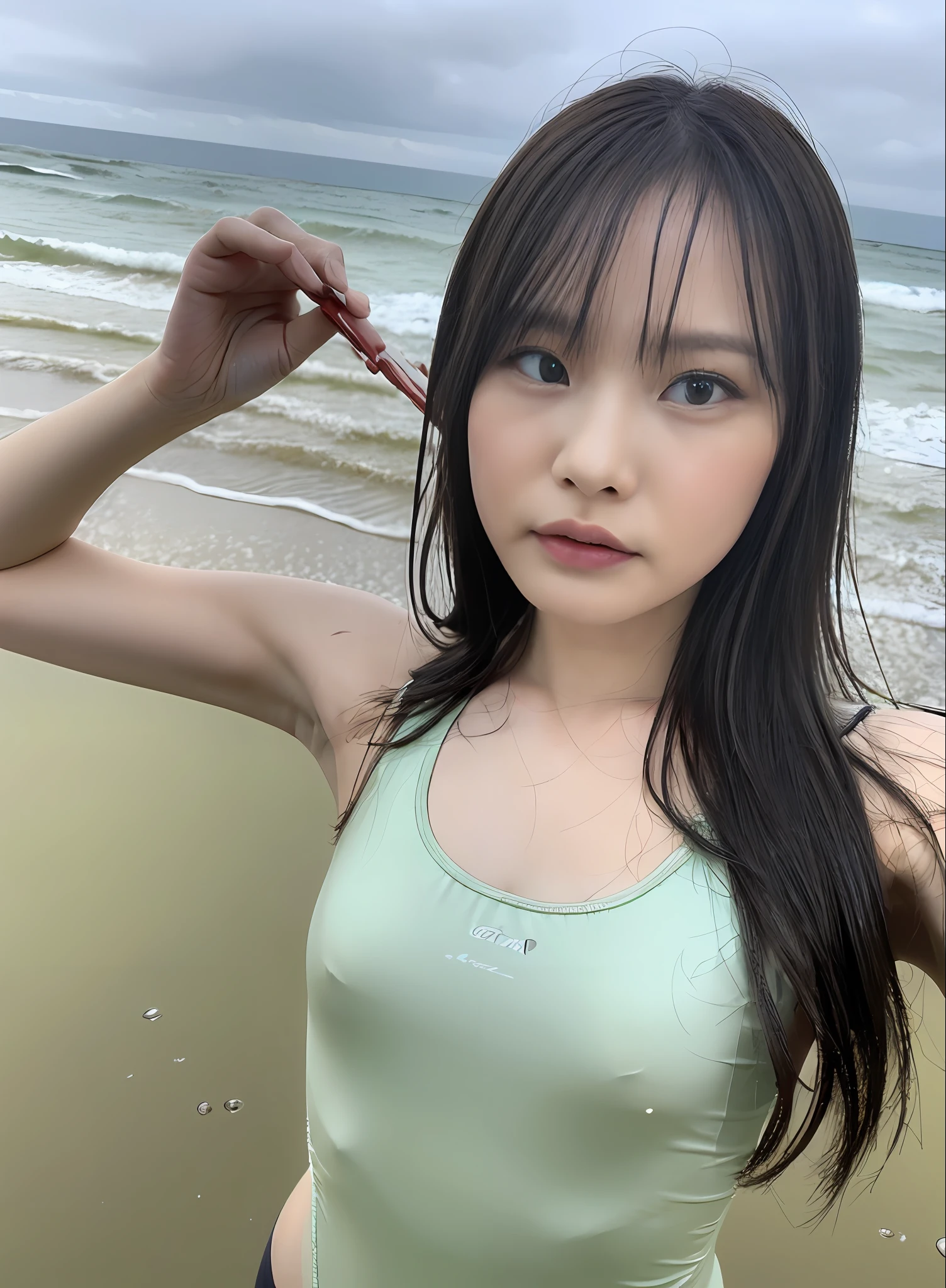 1woman, 8k, RAW photo, (best quality, masterpiece, intricate detail: 1.4), (realistic, photorealistic: 1.3), (realistic: 1.3), photorealistic, Japanese model, (( Rainy weather)), (rainy beach: 1.5), ((model standing on the beach: 1.8)), heavy rain, (soaking wet: 1.8), ((thin swimsuit)), (light colored swimsuit) , (swimsuit that gets wet in the rain and sees through the skin: 1.5), (swimsuit that gets wet in the rain and sticks to the skin: 1.5), (beautiful like a Japanese idol), 25 years old, (small face: 1.5), (angry expression), light makeup, thin eyebrows, detailed and beautiful face, detailed eyes, (tear bags: 1.5), detailed fingers, detailed legs, detailed skin, medium chest, (wet hair: 1.8) , (wet bangs: 1.3), (wet skin: 1.8), (nipple protrusions that can be seen through), glossy hair, glossy skin, ((wet hair with water droplets: 1.3)), (Wet and drippy skin: 1.3)