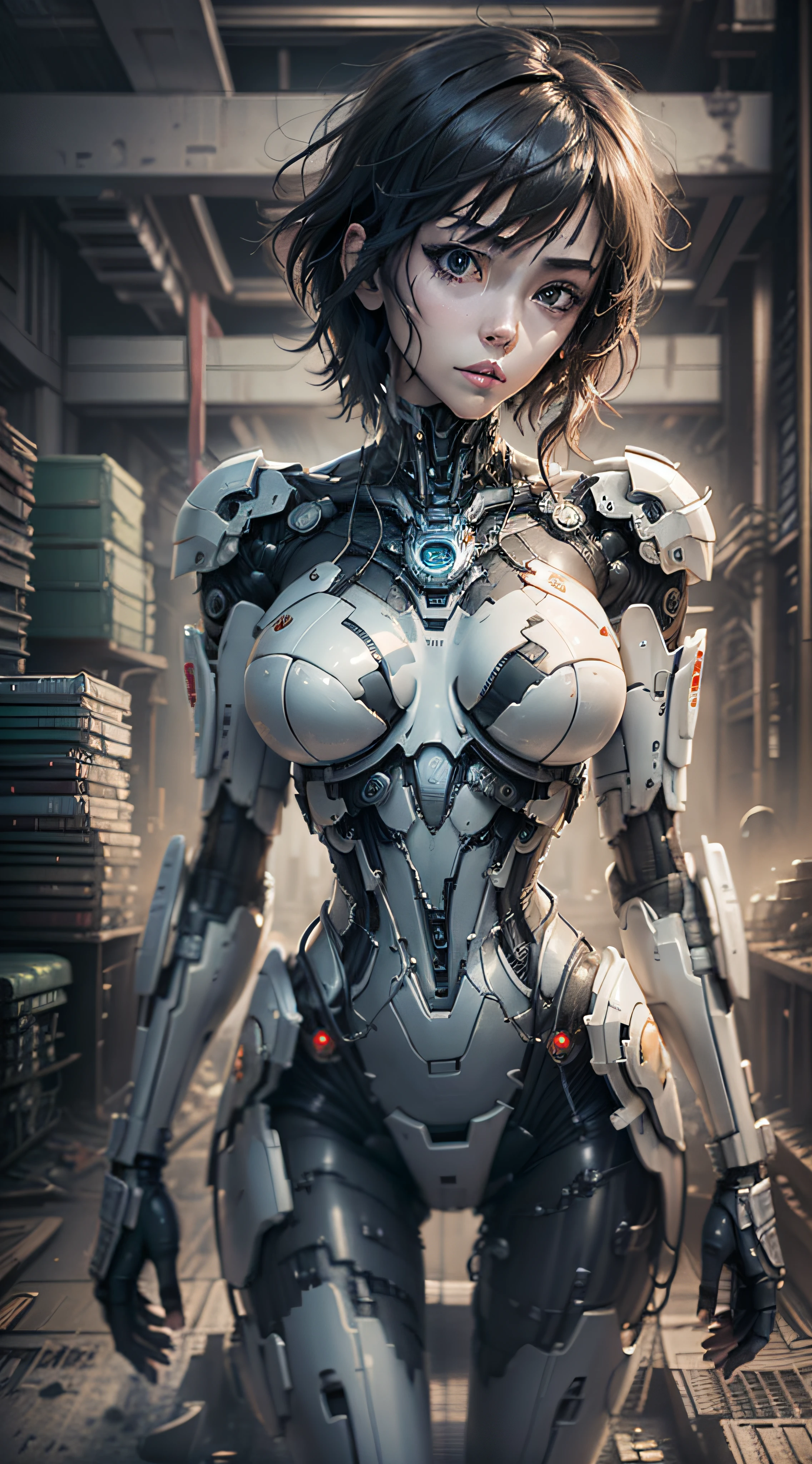 ghost in the shell kusanagi corpo escultural, numa maquina com cabos e fios ligados, uniforme mecha do futuro, modern robot factory,