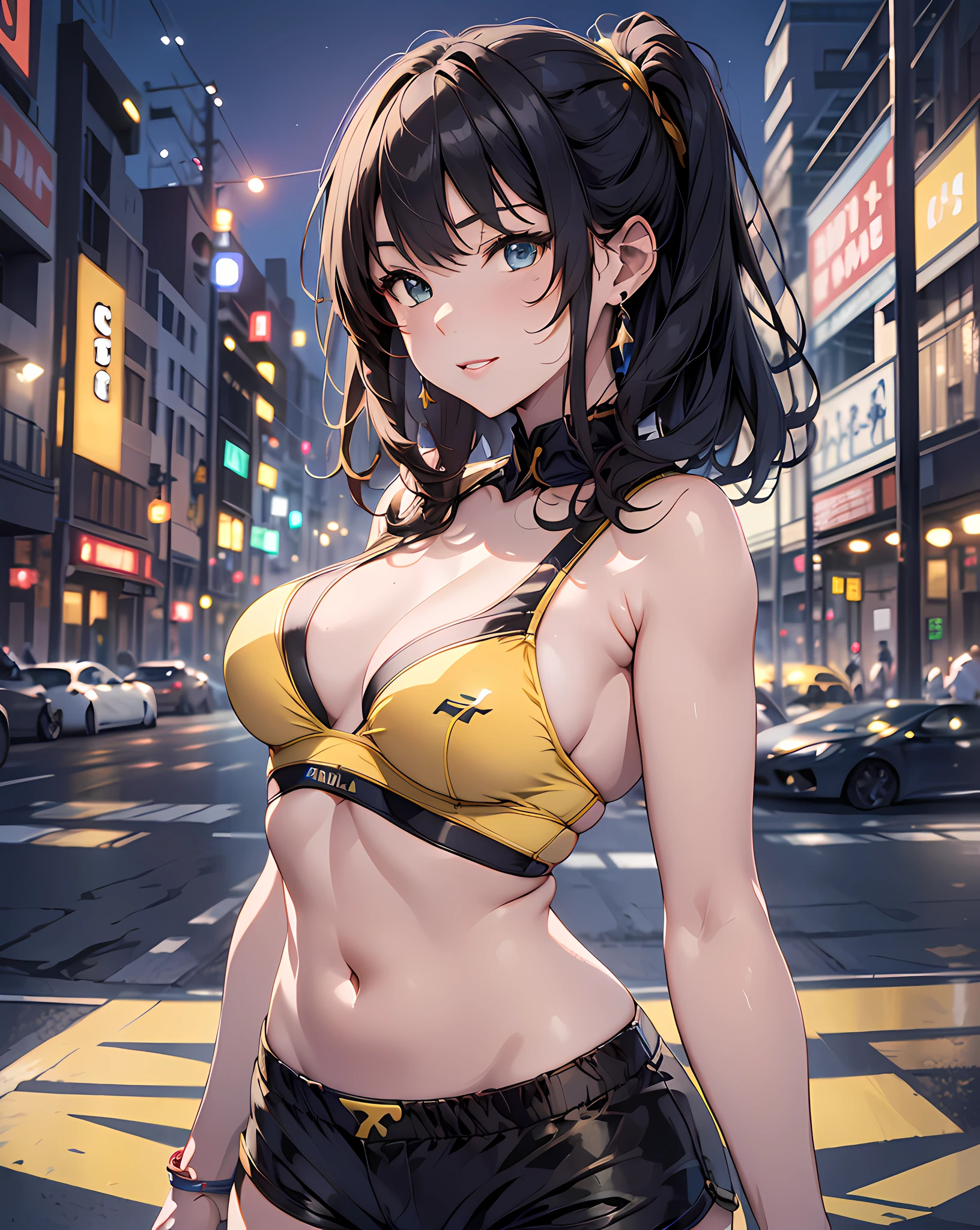 (masterpiece, best quality:1.37), highres, ultra-detailed, ultra-sharp, BREAK, Japanese school girl model, 1girl, (beautiful anime face, cute face, detailed face), (black hair, short hair, bangs), blue eyes, jewelry, earrings, piercing, BREAK, ((detailed yellow race queen costume:1.5), (detailed rubber bikini tops and shorts:1.3, sleeveless)), lovely look, detailed clothes), light smile, closed mouth, parted lips, pink lipstick, BREAK, standing, arms behind on hip, leaning forward, cowboy shot, detailed human hands, HDTV:1.2, ((detailed car competition view background:1.3)), 8 life size, slender, anime style, anime style school girl, perfect anatomy, perfect proportion, inspiration from Kyoto animation and A-1 picture, late evening, excellent lighting, bright colors, clean lines, photorealistic