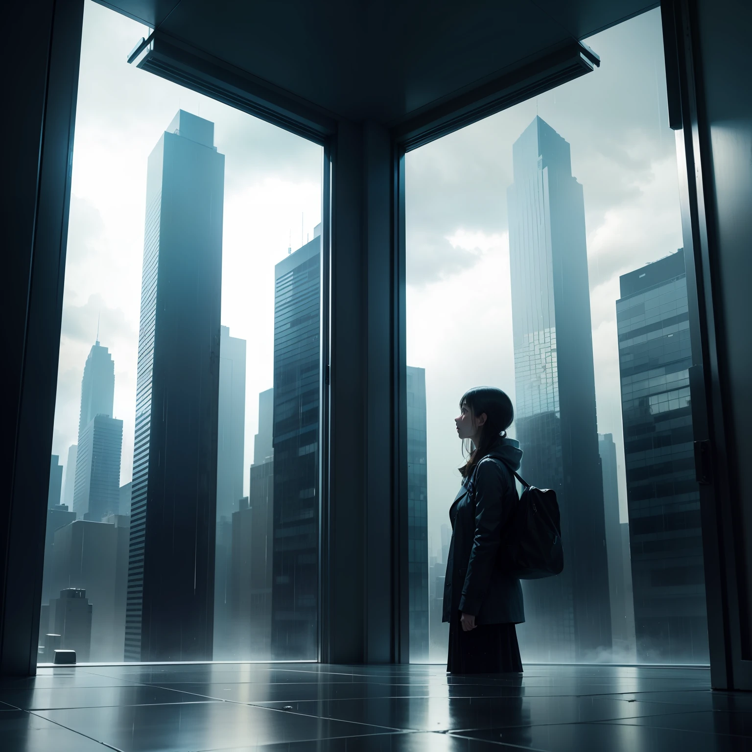 Standing alone in front of the window, it's raining outside, looking up into the distance, looking at the tall buildings, not knowing how to go, and at the same time just arriving very confused