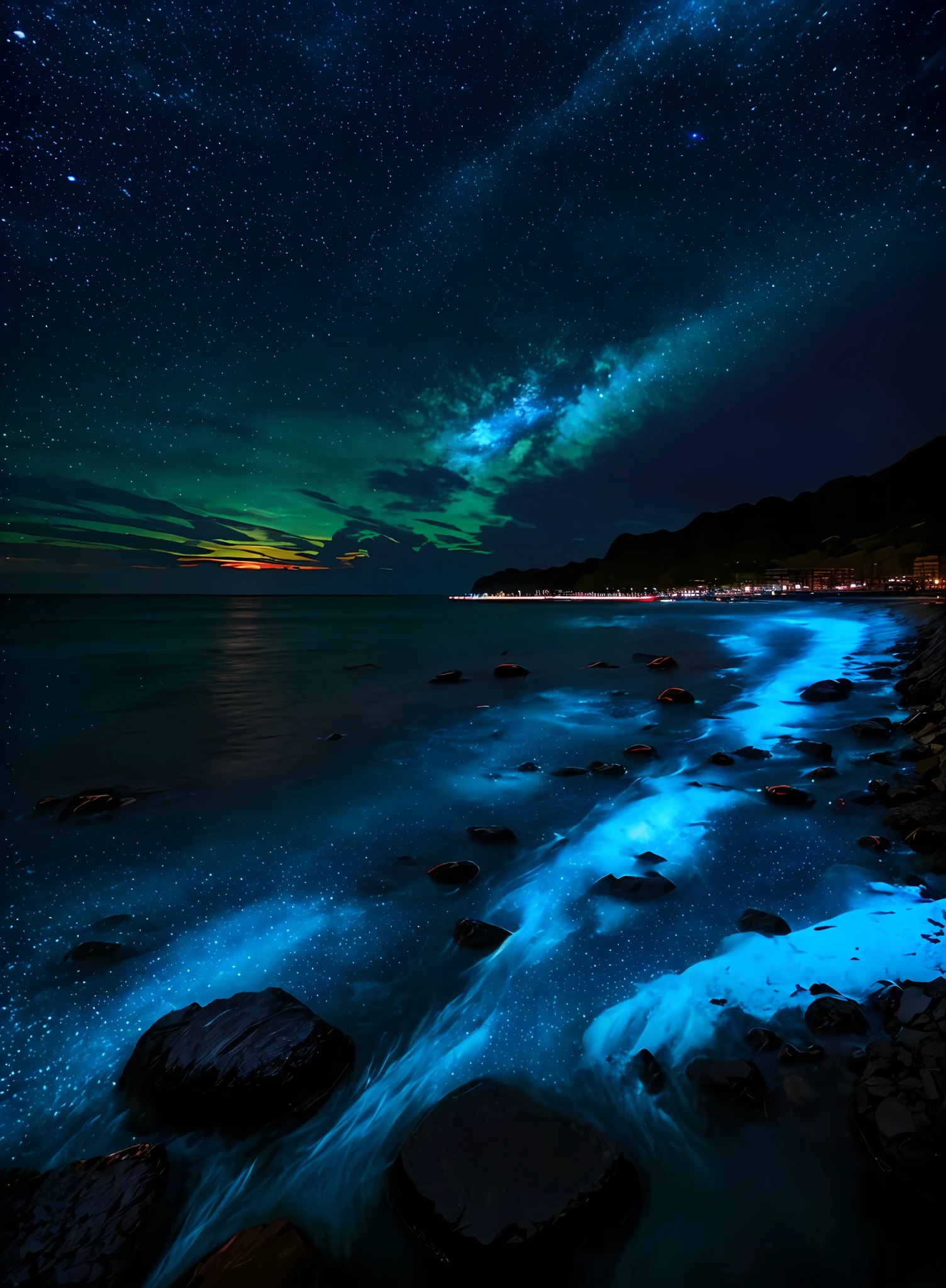 Coastline photos、（luminance：1.1）、8K  UHD、Slr、softlighting、high high quality、filmgrain、Fujifilm XT3，scenecy，photography of，Ultra photo realsisim，Starry，starrysky，galactic，meteors