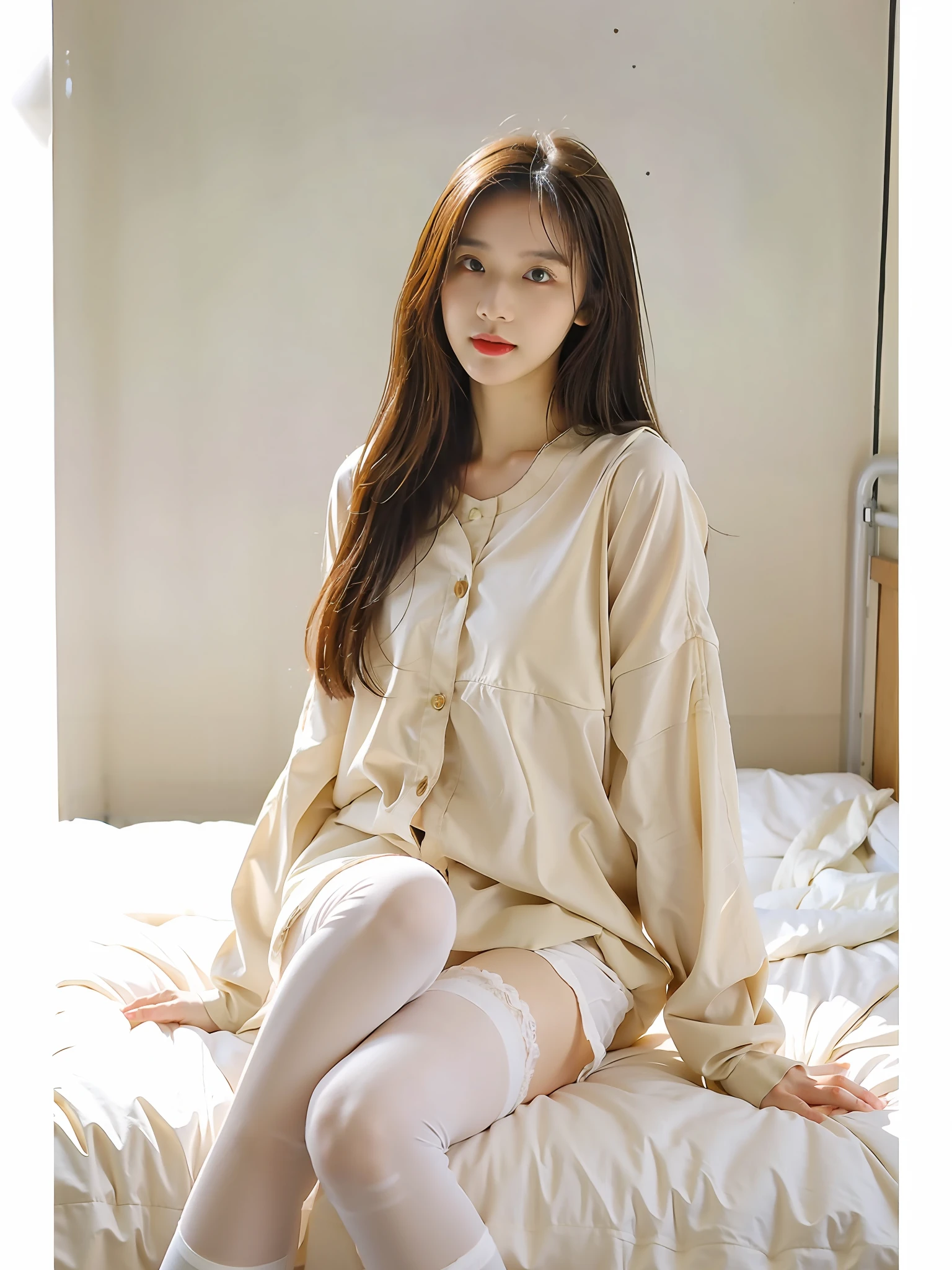 white stockings,best qualtiy,tmasterpiece,超高分辨率,(realisticlying:1.4),age girl,Juvenile,Thin and light, looking at viewert