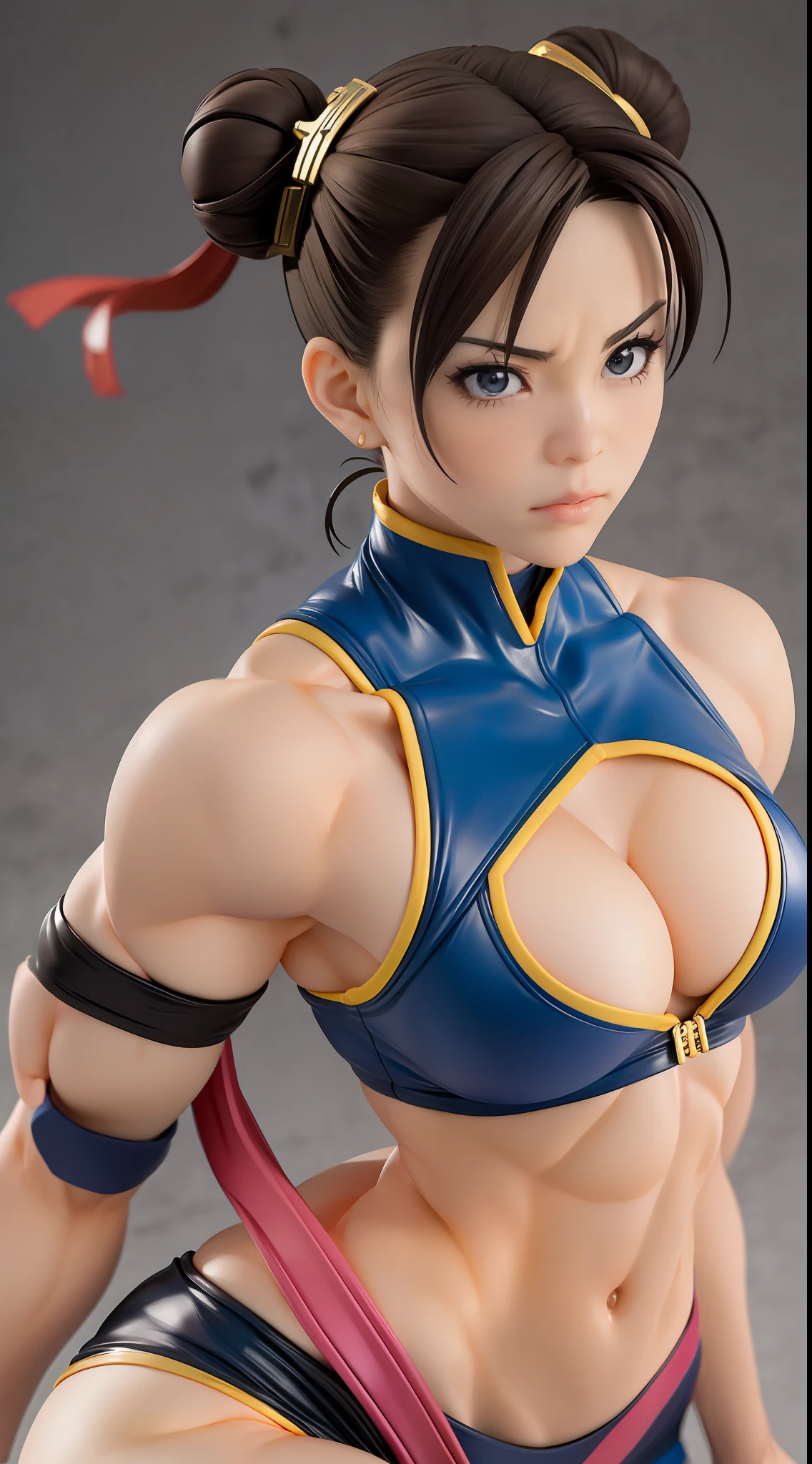 (Street Fighter Chunli),(Chun Li's classic look),(Two hair buns)Chun- li,Muscular woman posing for a photo, Crop top and(Abs), smallunderboob,(Sexy clothing 1.2),Fitness woman, Perfect muscle structure, athletic body build, Sexy muscles, Body movement,Attractive body,(Bruce Lee classic moves),Bust,(Seven-doppelganger shot)(looking down on the camera),Studio lighting