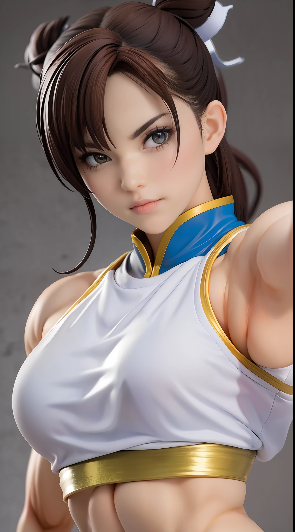 (Street Fighter Chunli),(Chun Li's classic look),(Two hair buns)Chun- li,Muscular woman posing for a photo, Crop top and(Abs), smallunderboob,(Sexy clothing 1.2),Fitness woman, Perfect muscle structure, athletic body build, Sexy muscles, Body movement,Attractive body,(Bruce Lee classic moves),Bust,(Seven-doppelganger shot)(looking down on the camera),Studio lighting