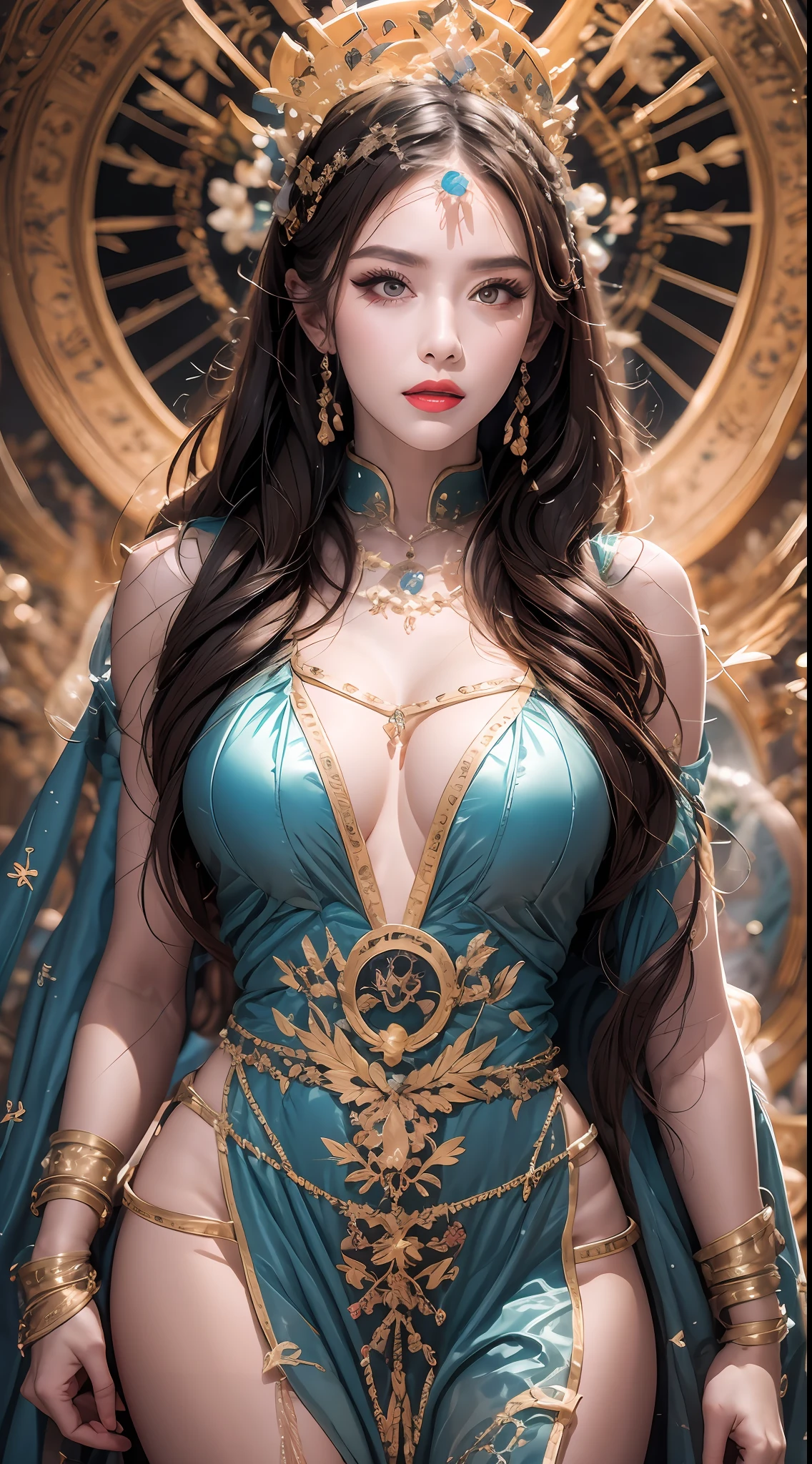Portrait of a 27-year-old saint,Charming adult saint in a long dress made of thin silk, beautiful saint with an old face, adult, wearing a thin multicolored silk dress, beautiful face without blemishes, ((flat bangs:0.5)), (((platinum long hair:0.5))), big crown, hair brooch, hanfu dress, chinese ancient style, full body jewelry, forehead tattoo, super even chest, face, innocent face, ((mouth tight:0.8)), The most beautiful and detailed light red lipstick, ((Thin plump lips:0.3)), ((Golden Eyes color:0.6)), Detailed and delicate lighting effects, light and dark, dramatic lighting, magical light, extremely detailed light, true color, super sharp, realistic, 8k quality, fantasy universe background, saints and magical space, the most detailed images, ((Solo:0.3)), ((a saintess:0.6)), ((looking directly at the saint's upper body:0.4)), ((smooth skin:0.5)), ((the holy woman's veil:0.6)), ((solo:0.5)), ((alone girl:0.4)),
