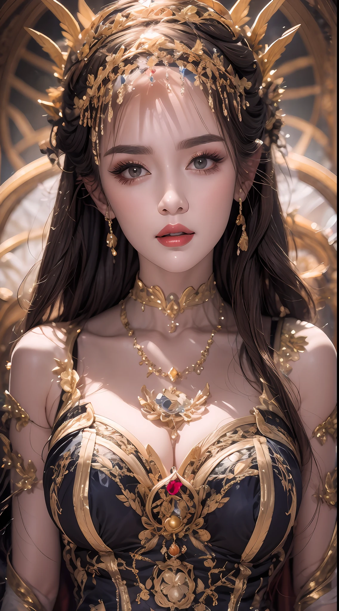 Portrait of a 27-year-old saint,Charming adult saint in a long dress made of thin silk, beautiful saint with an old face, adult, wearing a thin multicolored silk dress, beautiful face without blemishes, ((flat bangs:0.5)), (((platinum long hair:0.5))), big crown, hair brooch, hanfu dress, chinese ancient style, full body jewelry, forehead tattoo, super even chest, face, innocent face, ((mouth tight:0.8)), The most beautiful and detailed light red lipstick, ((Thin plump lips:0.3)), ((Golden Eyes color:0.6)), Detailed and delicate lighting effects, light and dark, dramatic lighting, magical light, extremely detailed light, true color, super sharp, realistic, 8k quality, fantasy universe background, saints and magical space, the most detailed images, ((Solo:0.3)), ((a saintess:0.6)), ((looking directly at the saint's upper body:0.4)), ((smooth skin:0.5)), ((the holy woman's veil:0.6)), ((solo:0.5)), ((alone girl:0.4)),