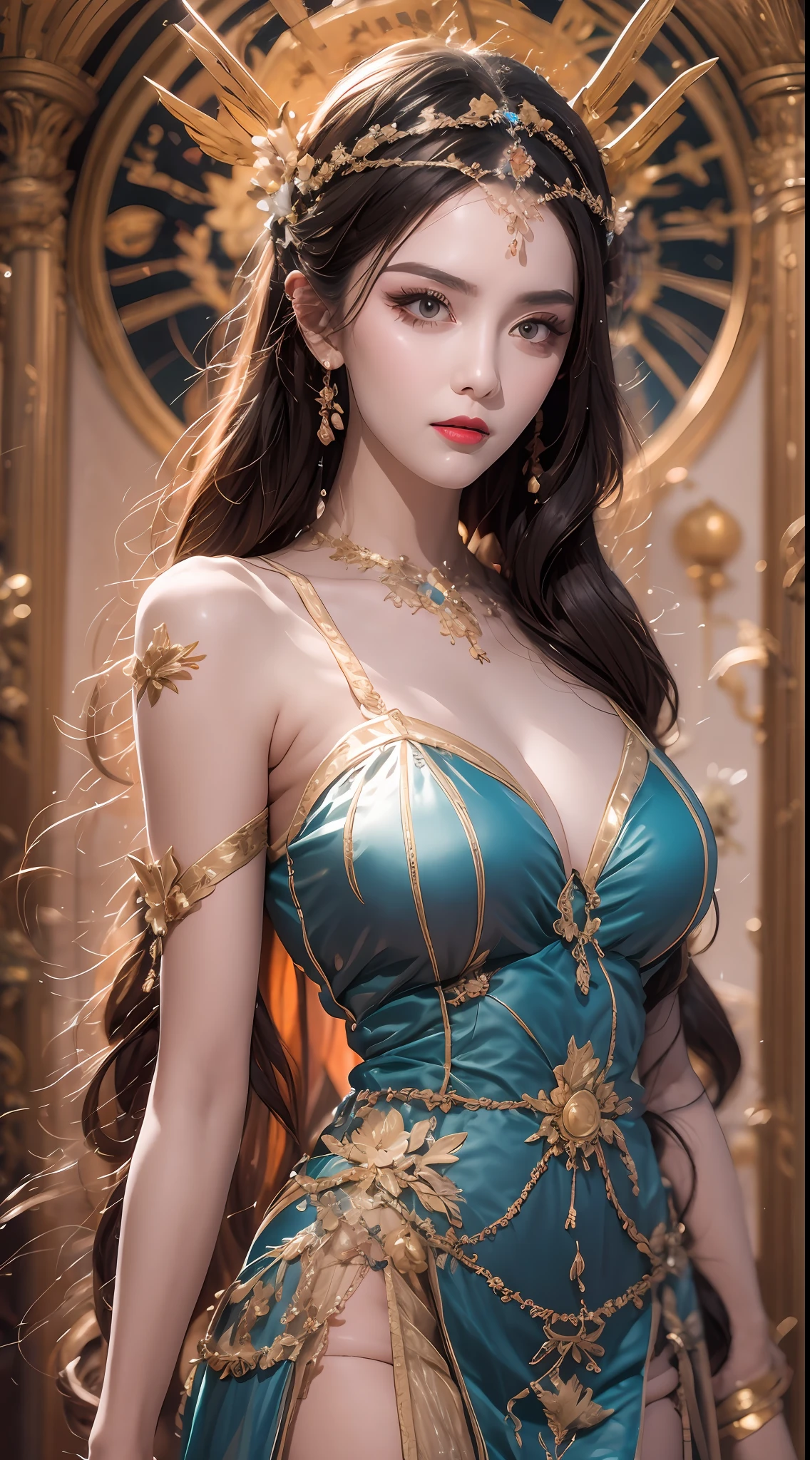 Portrait of a 27-year-old saint,Charming adult saint in a long dress made of thin silk, beautiful saint with an old face, adult, wearing a thin multicolored silk dress, beautiful face without blemishes, ((flat bangs:0.5)), (((platinum long hair:0.5))), big crown, hair brooch, hanfu dress, chinese ancient style, full body jewelry, forehead tattoo, super even chest, face, innocent face, ((mouth tight:0.8)), The most beautiful and detailed light red lipstick, ((Thin plump lips:0.3)), ((Golden Eyes color:0.6)), Detailed and delicate lighting effects, light and dark, dramatic lighting, magical light, extremely detailed light, true color, super sharp, realistic, 8k quality, fantasy universe background, saints and magical space, the most detailed images, ((Solo:0.3)), ((a saintess:0.6)), ((looking directly at the saint's upper body:0.4)), ((smooth skin:0.5)), ((the holy woman's veil:0.6)), ((solo:0.5)), ((alone girl:0.4)),