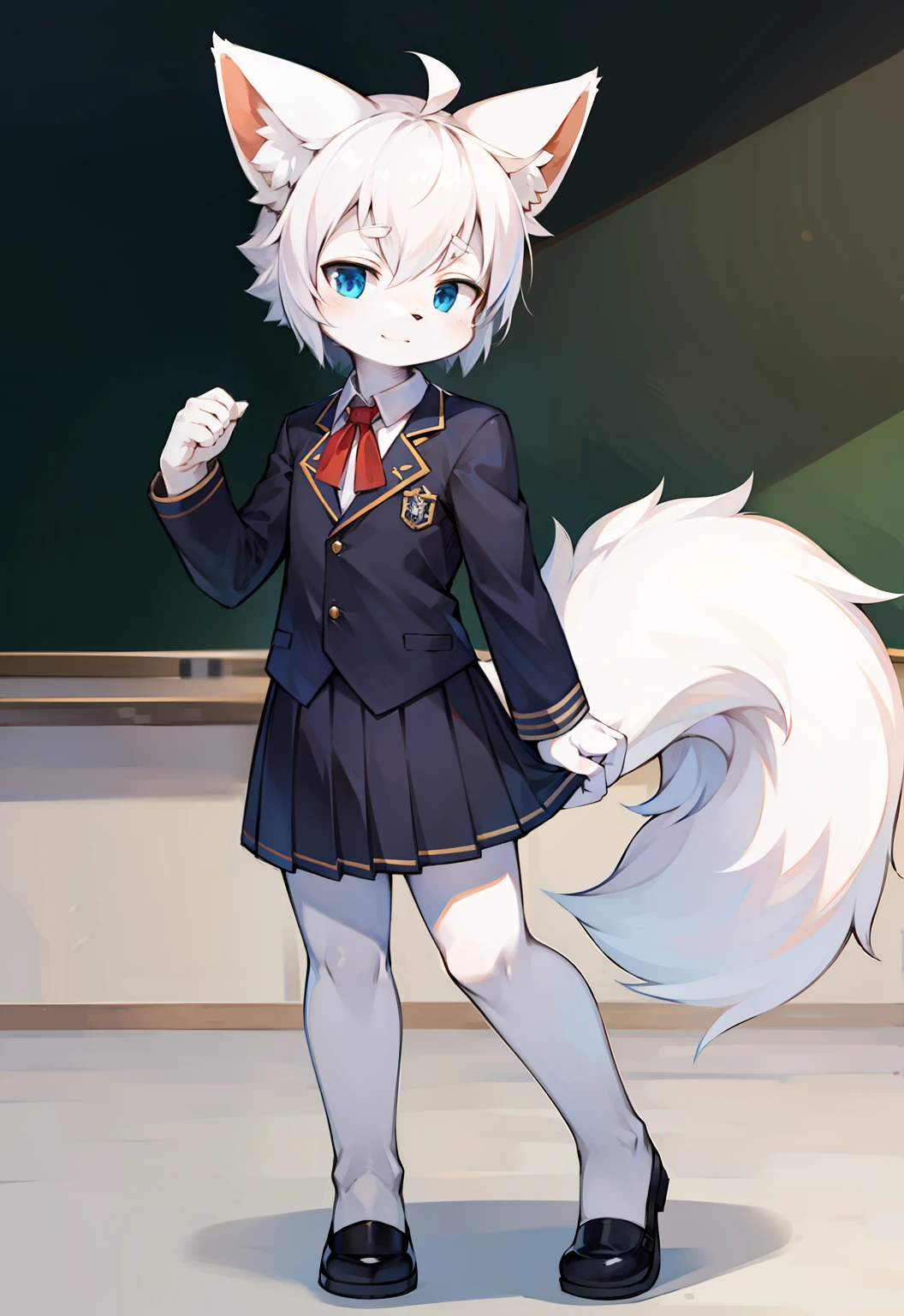 Classroom,schools,Blue school uniform,full bodyesbian,Young fox,人物,tmasterpiece,furry tail,Highest image quality,8k,Full HD background,cartoony,adolable,kemono,male people,a plush,furry,White fur,White body,White ears,white color hair,Blue right eye,Black right eye,solo person, Foxtail, Fox ears, ((full-body portraits)),Soft lines,Soft lines of clothing
