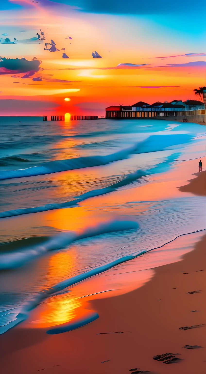 sunset at the beach，Waves and marina in the distance, Colorful sunset, beautiful sunrise, vibrant sunrise, sunrise colors, vibrant sunset, Colorful sunset!!, Beautiful sunset, sunset at the beach, beach sunset background, sunset at the beach, which shows a beach at sunset, nice sunset, vivid vivid colors, breathtaking colors, Sunset colors, gorgeous romantic sunset, Beautiful nature
