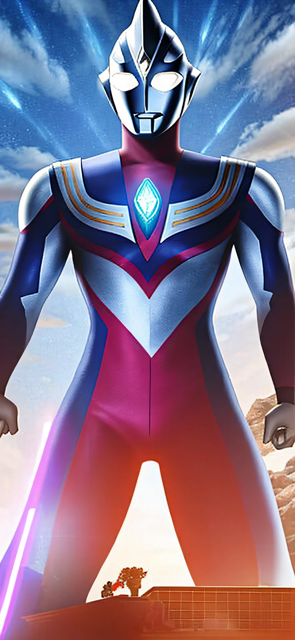 On the roof stood a man in a suit, s Ultraman, ultra mega detailed, ultra hyper-detailed, an epic anime of a energy man, Today's featured anime stills, ultra instinct, anime big breast,s Ultraman, Tokusatsu, anime cgi style, offcial art, anime cgi, movie still of robot goku, Super Super Super Ultra Ultraman with a lightsaber