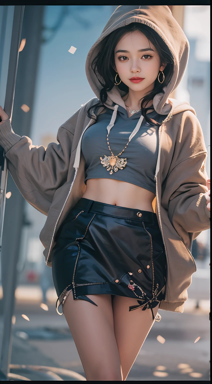 ((8K))，Film photography, 1 girl, (Hoodie:1.2), (short  skirt), upper legs, navel，necklace, Earrings, Seductive smile, Medium breast, full bodyesbian, drunk blush:1.5, black wavy shoulder-length hair, serene, calm, (Realistic detailed eyes, Natural skin texture, Realistic face details), Soft dramatic lighting, Depth of field, Bokeh, vibrant detail, finely detailed, Hyperrealistic