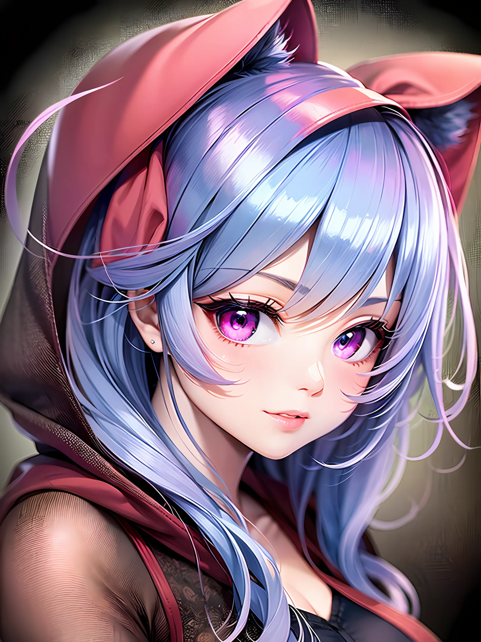 女の子1人、kawaii faces、Larger eyes、Pink eyes、Cyan hair、red blush、bright red face、See below、hide large breasts、Wearing a cat-eared hoodie、Cat's tail