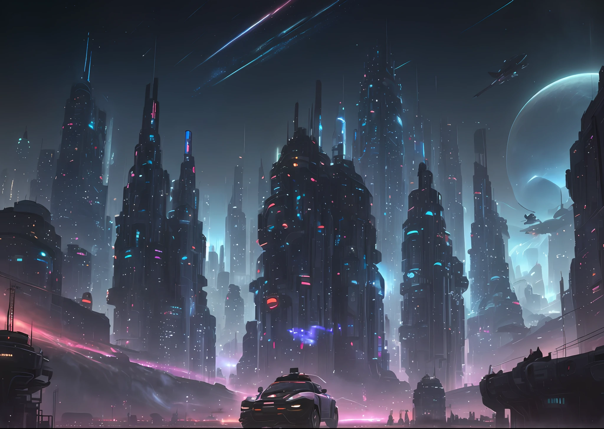 Illustration of futuristic city with train and car, skyscrapers and flying cars, The future city, A beautiful artwork illustration, Beautiful city of the future, human futuristic city, landscape of a future city, russian orbit city cityscape, Stylized digital illustration, digital concept art illustration, in fantasy sci - fi city, futuristic utopian city,Realistic hand-drawn style There are planets, streamers, future cities, tracks, someone to explore, the picture can represent teamwork, the picture has a sense of technology