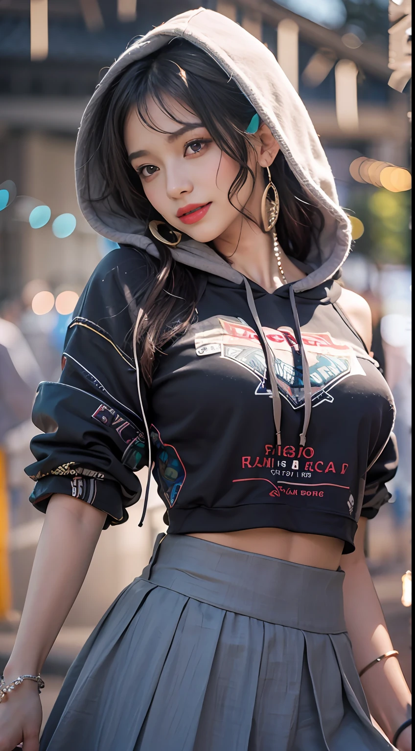 ((8K)),Film photography, 1 girl, (Hoodie:1.2), (short skirt), upper legs, navel,necklace, Earrings, Seductive smile, Medium breast, full bodyesbian, drunk blush:1.5, black wavy shoulder-length hair, serene, calm, (Realistic detailed eyes, Natural skin texture, Realistic face details), Soft dramatic lighting, Depth of field, Bokeh, vibrant detail, finely detailed, Hyperrealistic