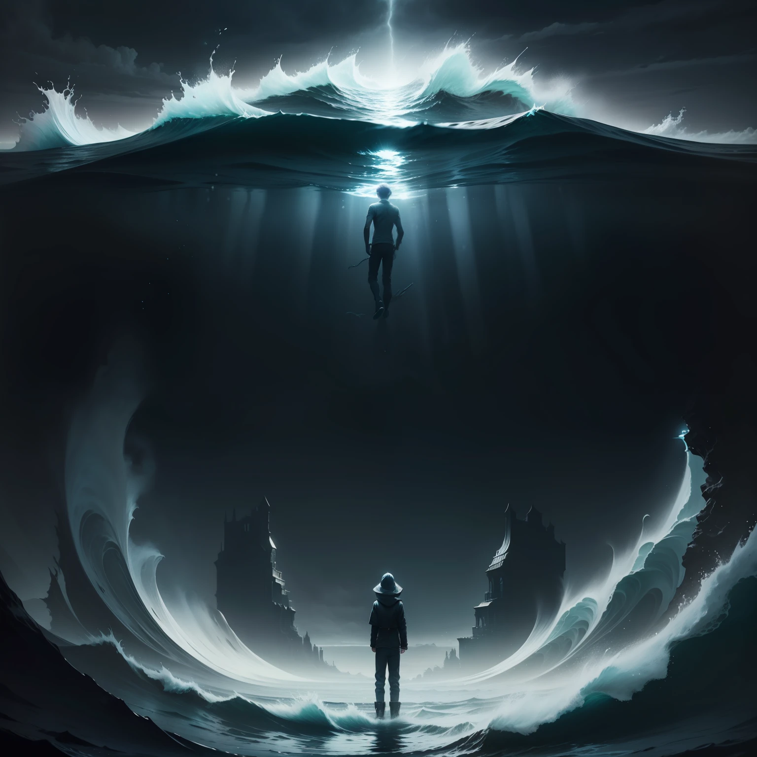Solitude,unhelpless,Dark ocean,The boy falls