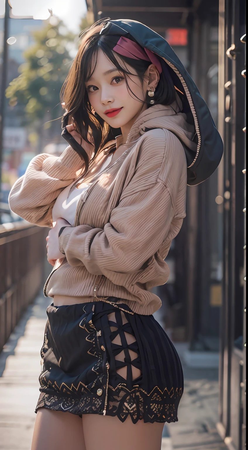 Film photography, 1 girl, (Hoodie:1.2), short  skirt, upper legs, necklace, Earrings, Seductive smile, Medium breast, full body, drunk blush:1.5, black wavy shoulder-length hair, serene, calm, (Realistic detailed eyes, Natural skin texture, Realistic face details), Soft dramatic lighting, Depth of field, Bokeh, vibrant detail, finely detailed, Hyperrealistic