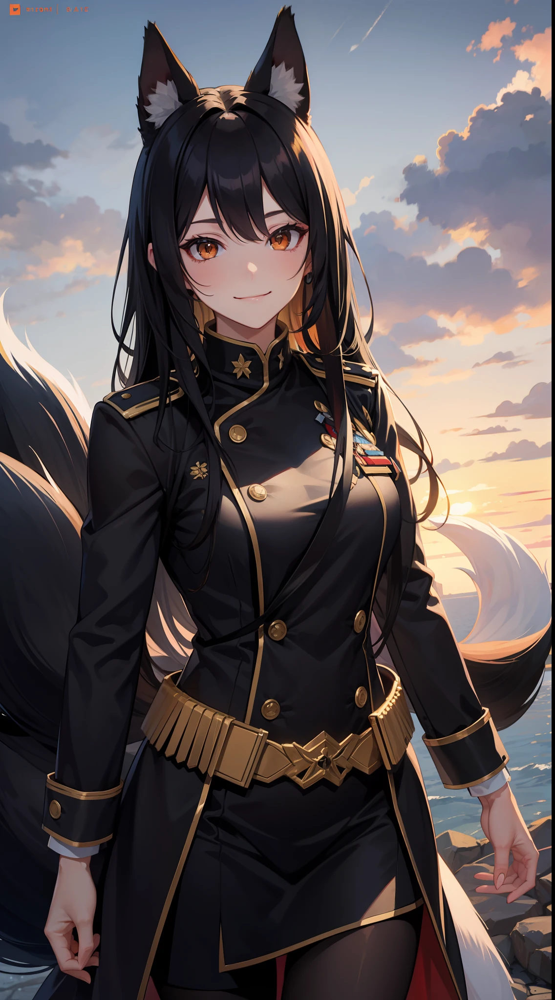 Adult woman, Long black hair, Fox ears, Yellow and red eyes, Fox tails, Combat uniform, Smile, Masterpiece, hiquality