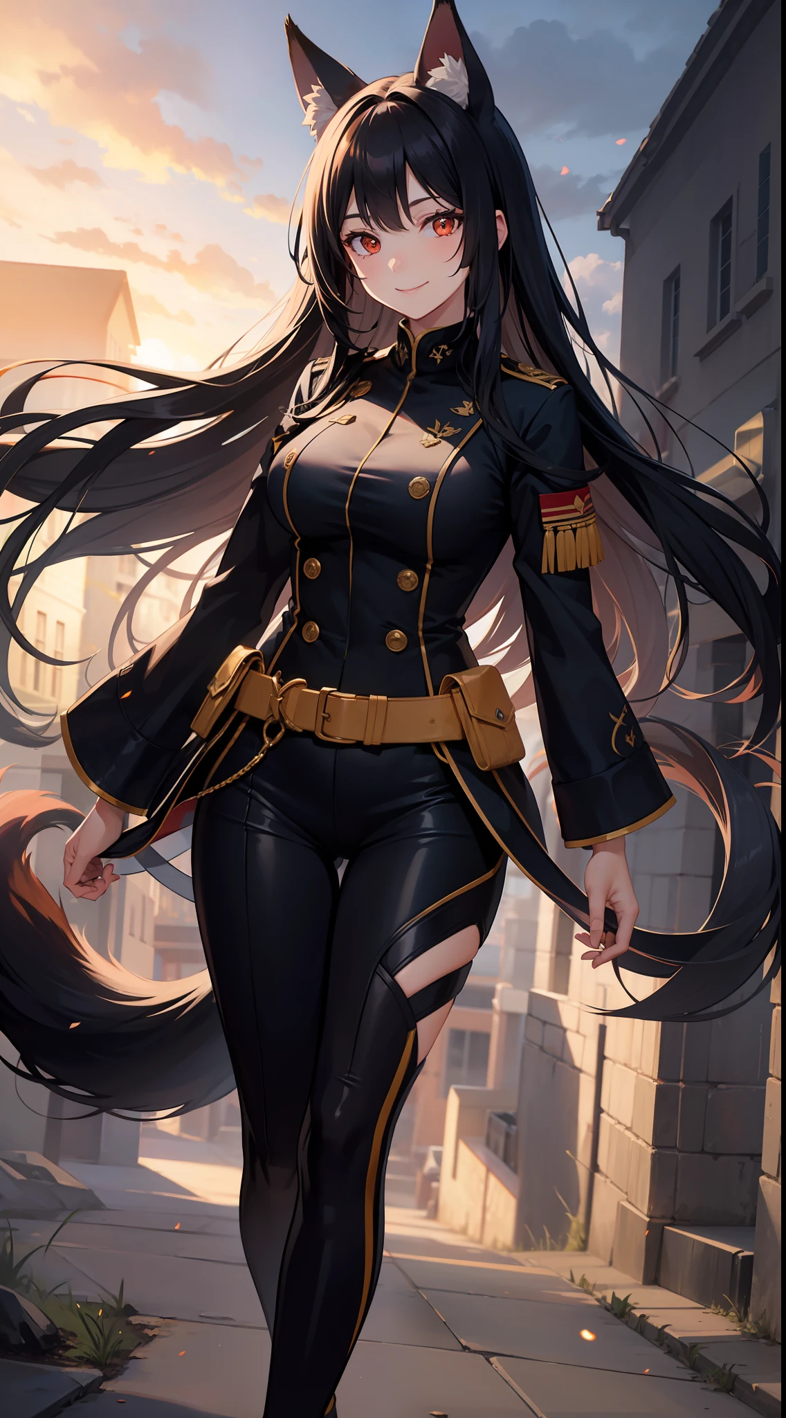 Adult woman, Long black hair, Fox ears, Yellow and red eyes, Fox tails, Combat uniform, Smile, Masterpiece, hiquality