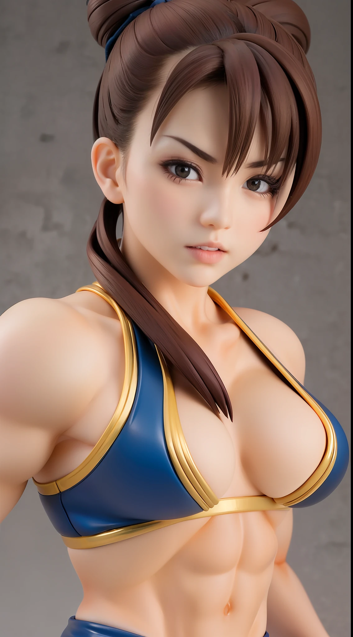 （Street Fighter Chunli），（Chun Li's classic look），（Two hair buns）Chun- li，Muscular woman posing for a photo, Crop top and（Abs）, （Small chest 1.2），（Sexy clothing 1.2），Fitness woman,  Perfect muscle structure,  athletic body build, Sexy muscles, Body movement,Attractive body,（Classic fighting moves），Bust，Kodak 135 lens，Studio lighting