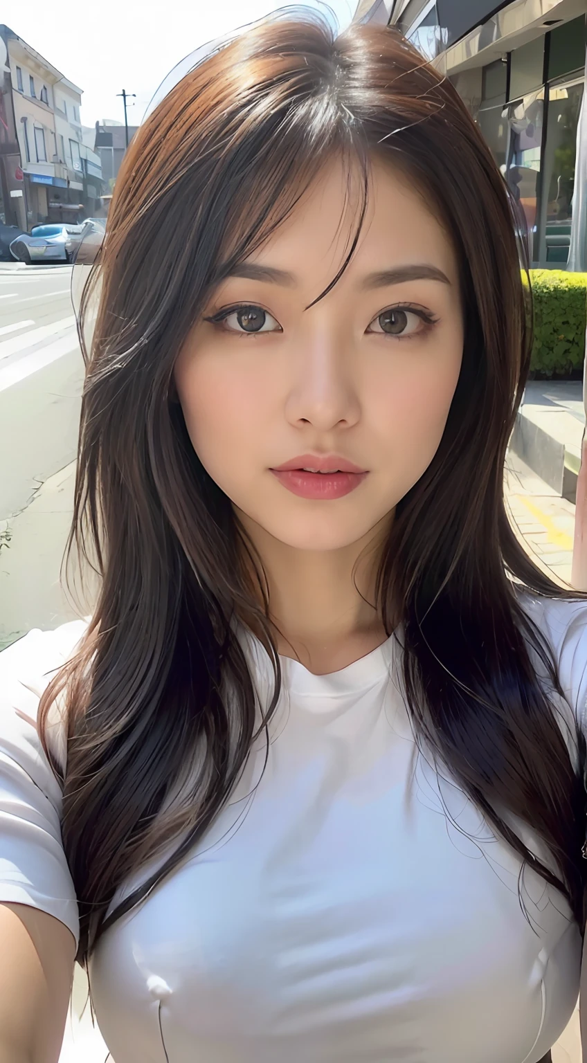 ((best qualtiy, 8K, tmasterpiece:1.3)), Sharp:1.2, perfect figure beautiful woman:1.4, Slim abs:1.2, ((Layered Hair Style, huge tit:1.2)), (Crewneck T-shirt:1.1),(Sateen,parks:1.2),Get wet:1.5,Highly detailed facial and skin texture,A detailed eye,二重まぶた,Look sideways at the camera,The upper circumference is plump,9:16,The chest is bigger,Extra short skirt with hips,do not leak