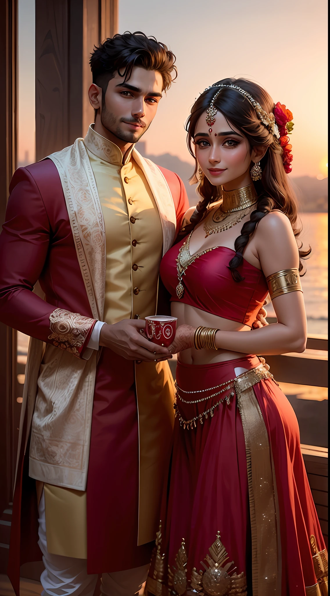 Handsome boy ultra realistic Indian outfits and a girl with indian bridal looks sunset background Cyberscape 8k with smile