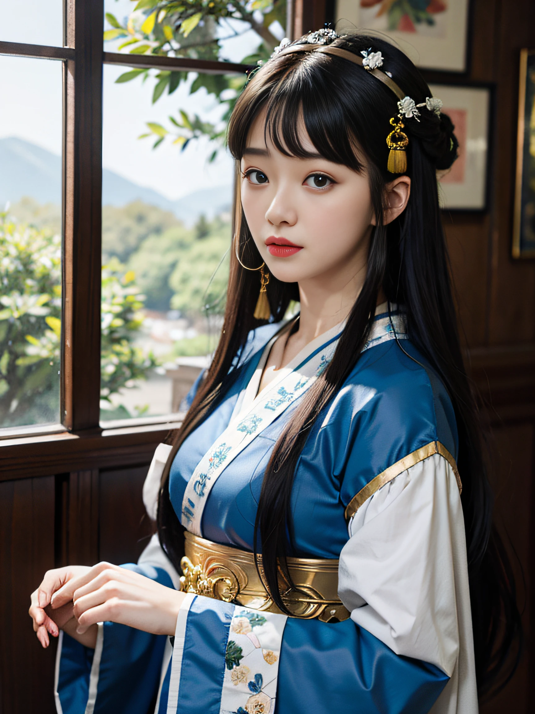 Nahaufnahme von Gong Li mit zu einem Dutt gebundenen Haaren, beautiful character painting, beautiful anime portrait, Palast, Girls in Hanfu, Fanqi, Zhongyuanjie, Stunning Face Portrait, Beautiful Artwork Illustration