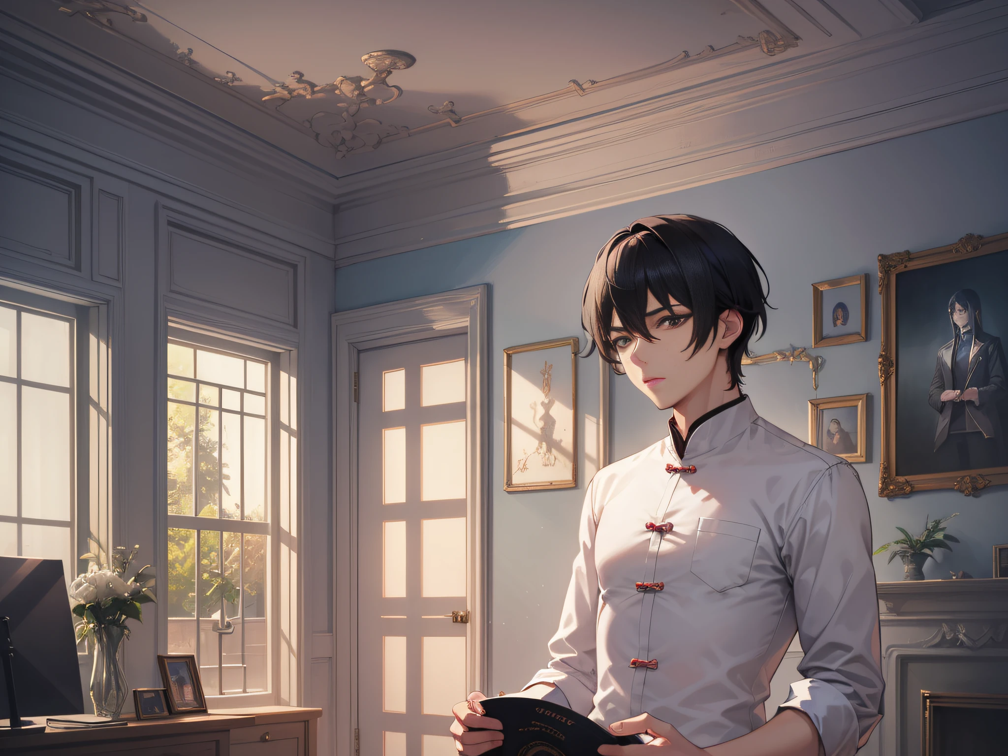 (Extremely delicate、Artwork-quality graphics、Top light and shadow) Dreamy and mysterious room,Zhou Bai opened his eyes,Instantly surrounded by a large number of memories,The male protagonist is handsome with black hair standing in the living room