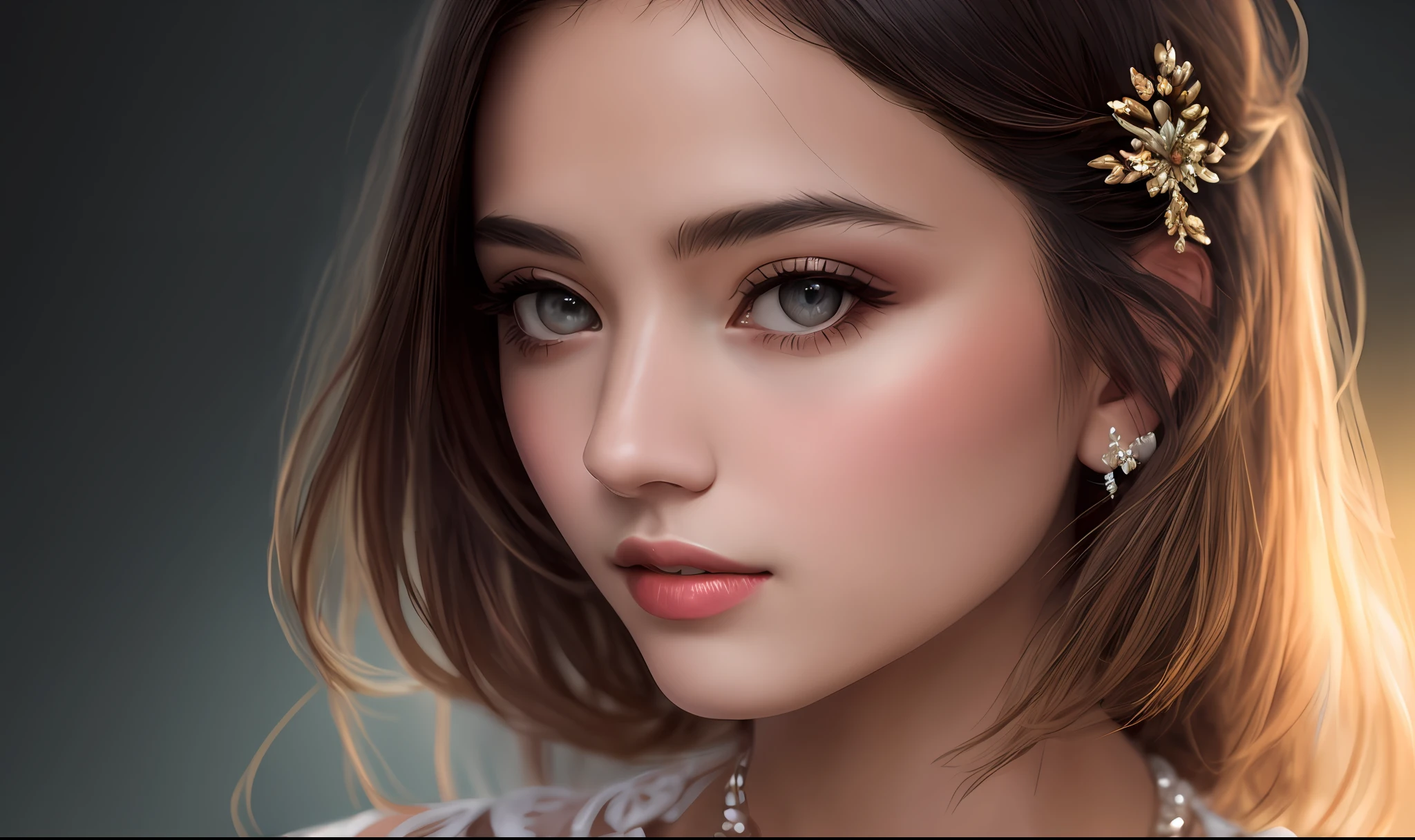 Best quality, masterpiece, high resolution, 1girl, porcelain dress, hair accessories, necklace, jewelry, beautiful face, on the body, Tyndall effect, realistic, dark studio, edge lighting, two-tone lighting, (high detail skin: 1.2), 8k UHD, dslr, soft light, high quality, volumetric light, candid, photo, high resolution, 4k, 8k, background blur,