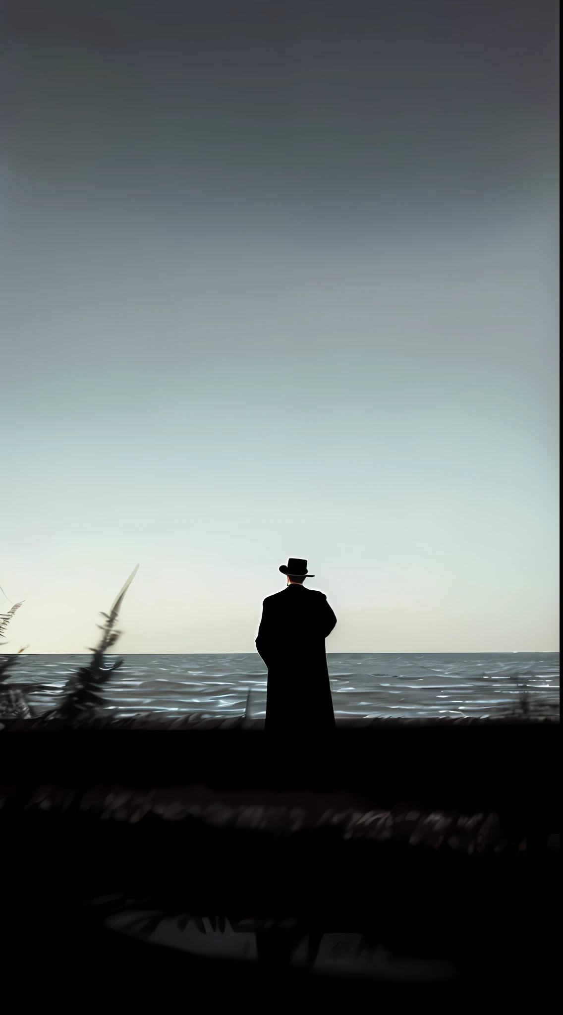 Golden lake, man in gentleman's hat, character back, HD pictures,