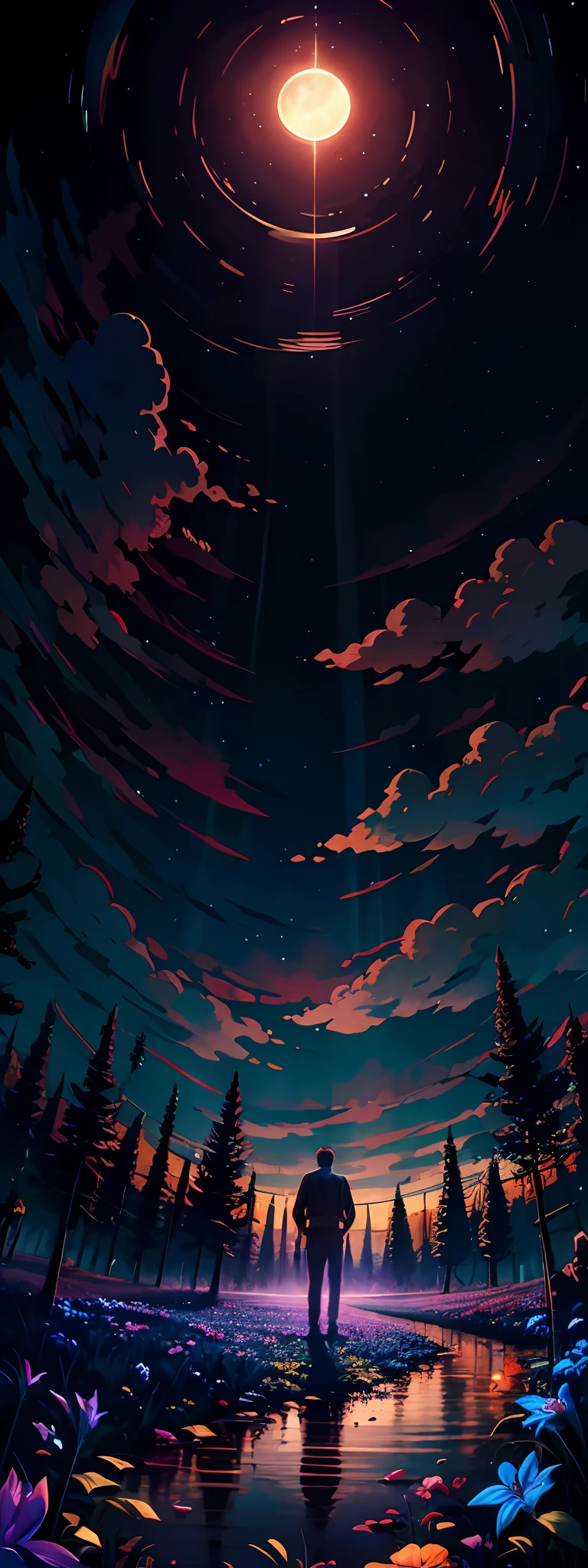 anime art of a man standing in a field with a giant star in the sky, background artwork, jen bartel, calm night. digital illustration, background art, lofi art, detailed sky, lofi artstyle, anime background art, anime sky, skies, night sky, in the style dan mumford artwork, anime background, colorful skies