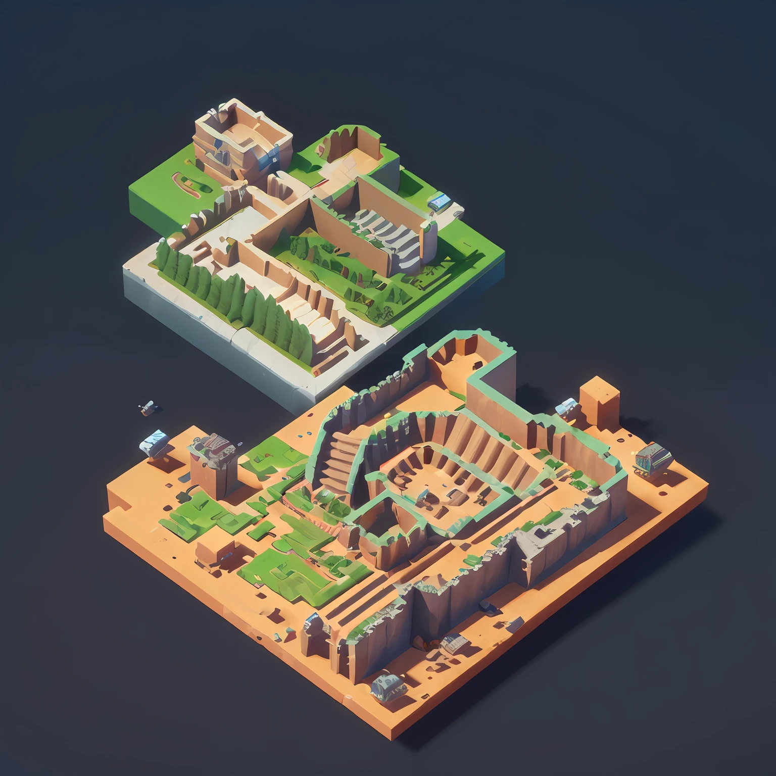 (Isometric perspective:1.5), (pixar-style:1.2), Various pits and piles excavated in mines, Mine caves, mine, Waste residue, mound, Battery life, Stones, Mining equipment, Global illumination, Ray traching, Modeling, hdr, Octane rendering, unreal render, behans, dribbble, art stations, best qualtiy, 8K,